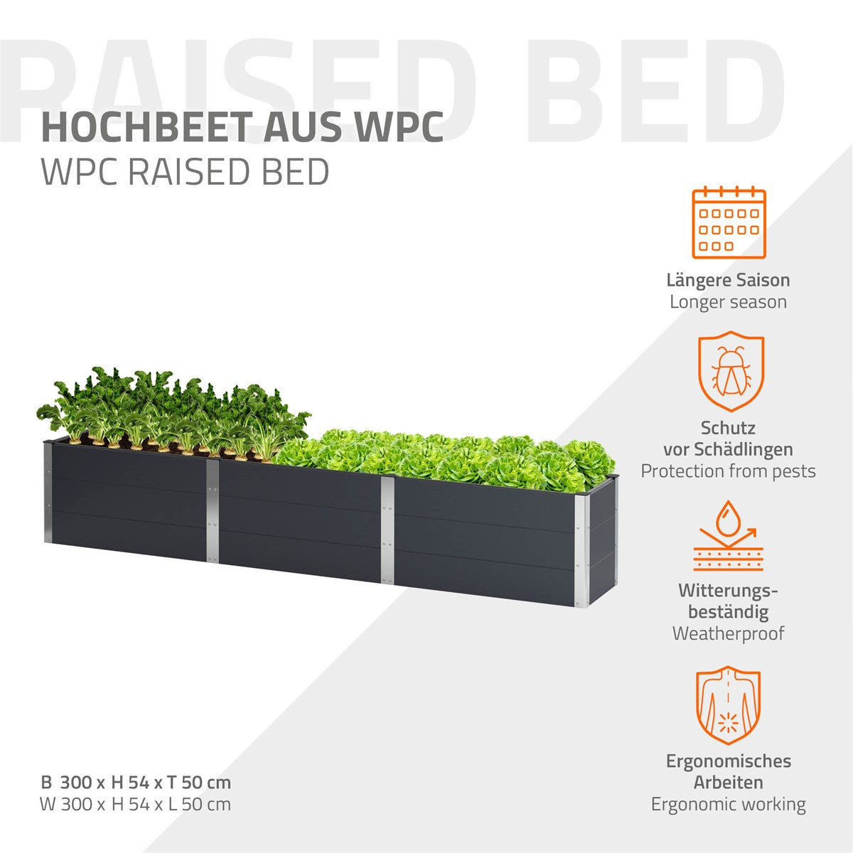 Hochbeet aus WPC mit Pflanzen und Informationen zu den Vorteilen.
