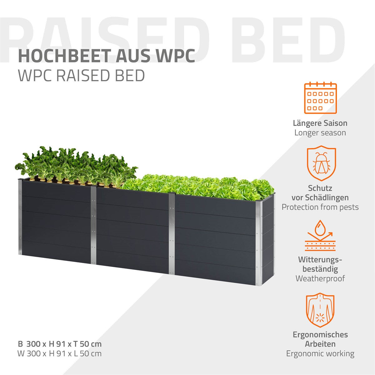 Hochbeet aus WPC mit verschiedenen Pflanzen und Informationen zu den Vorteilen.