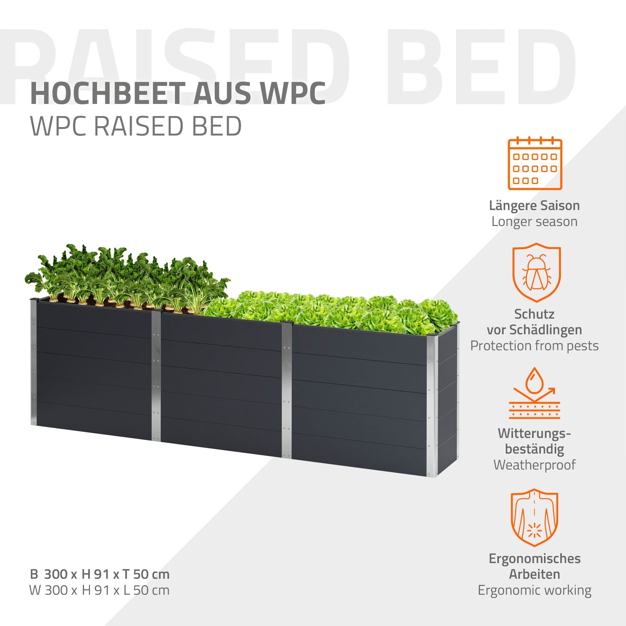 Hochbeet aus WPC mit verschiedenen Pflanzen und Informationen zu den Vorteilen.