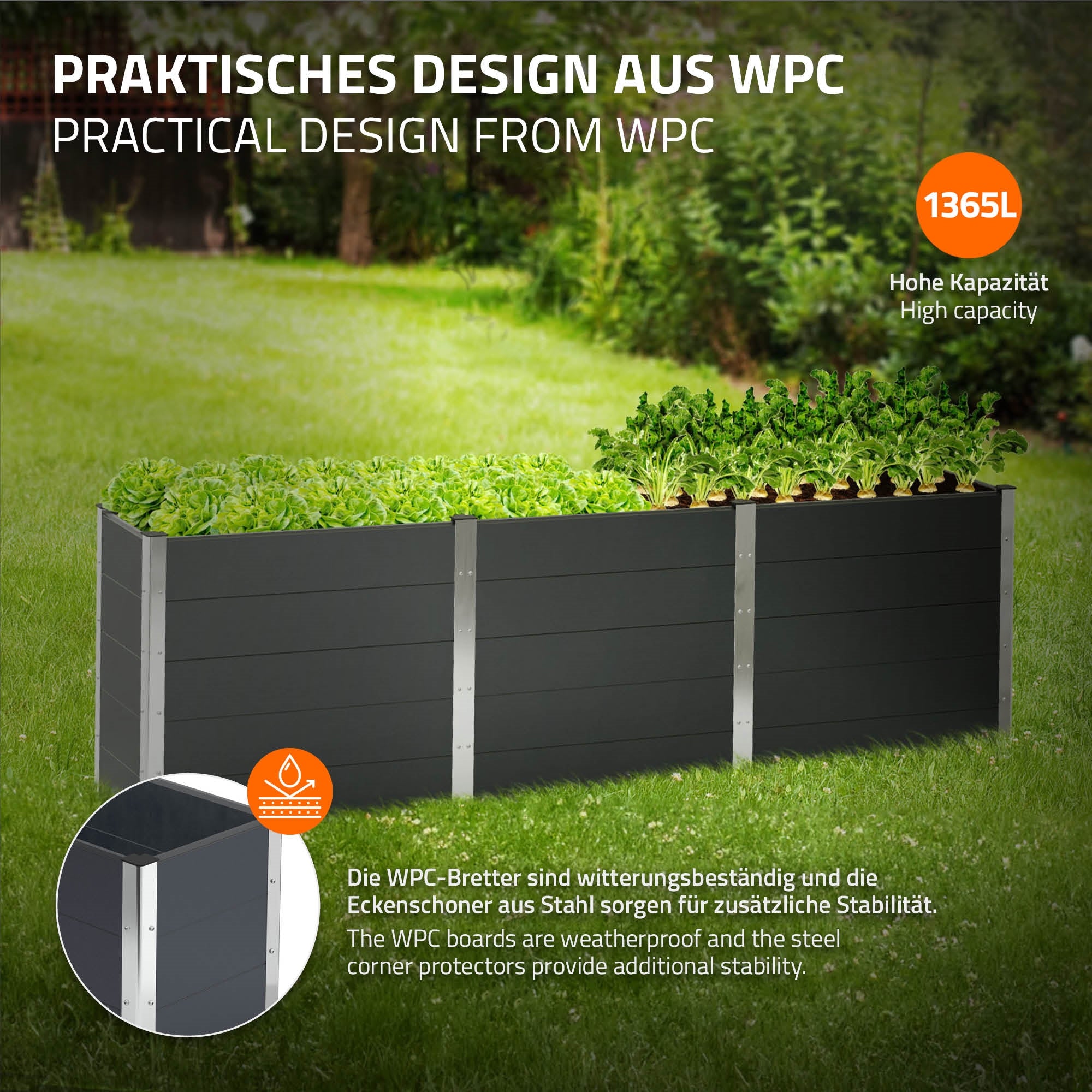 WPC-Pflanzkasten mit Pflanzen, Beschreibung der wetterfesten Materialien.