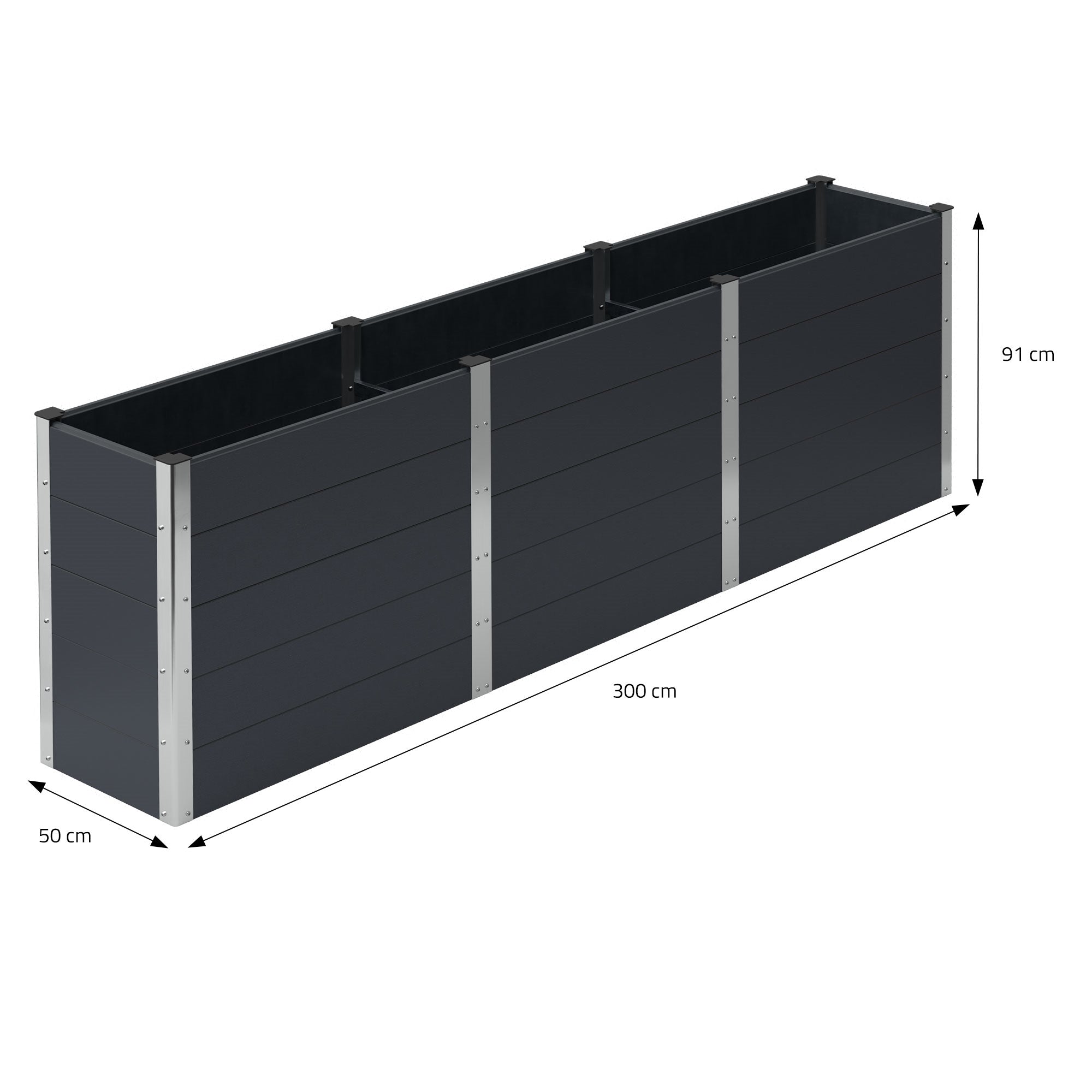 Langer Pflanzkasten mit drei Fächern, 300 cm lang, 50 cm breit, 91 cm hoch.