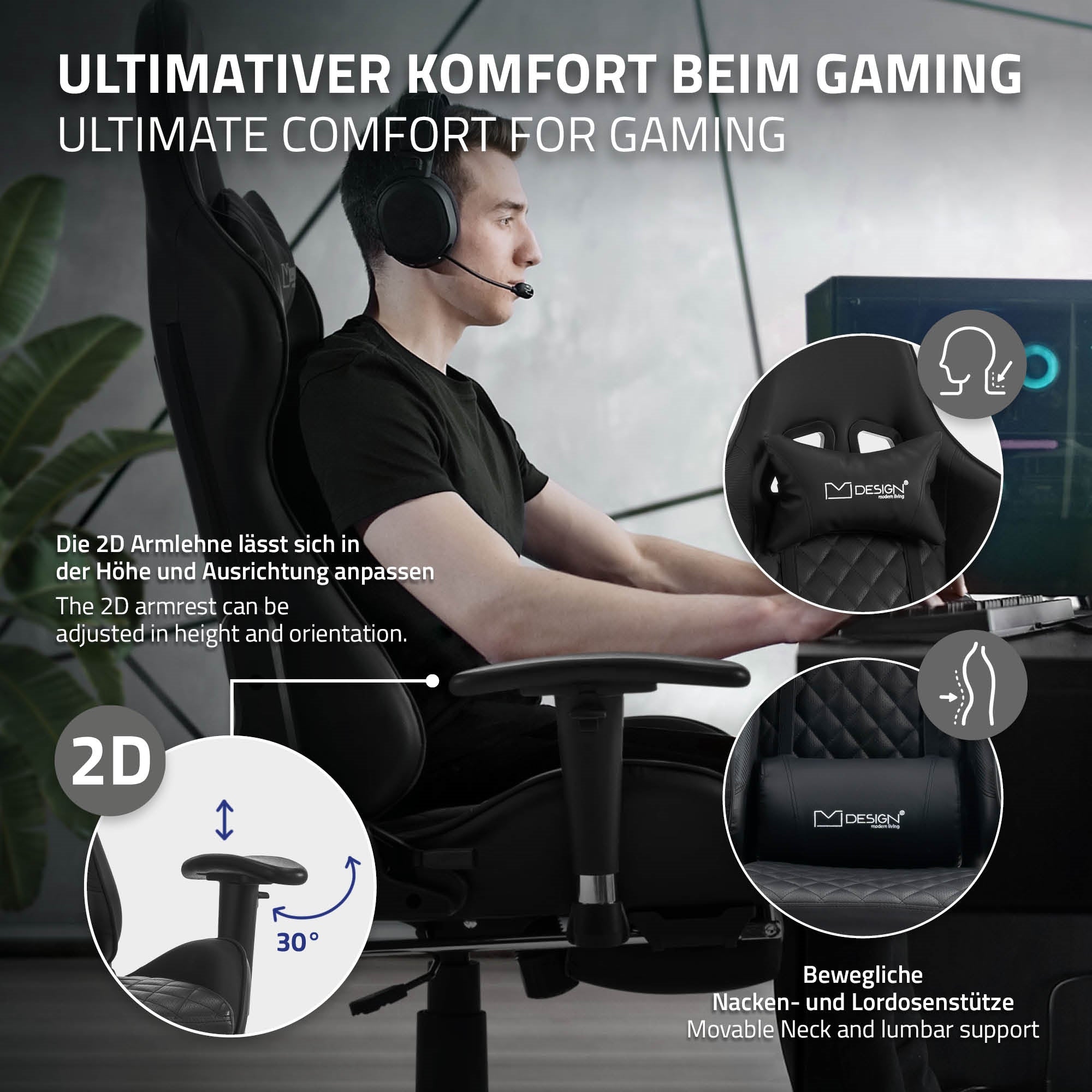 Mann mit Headset sitzt an einem Schreibtisch und nutzt einen Gaming-Stuhl.