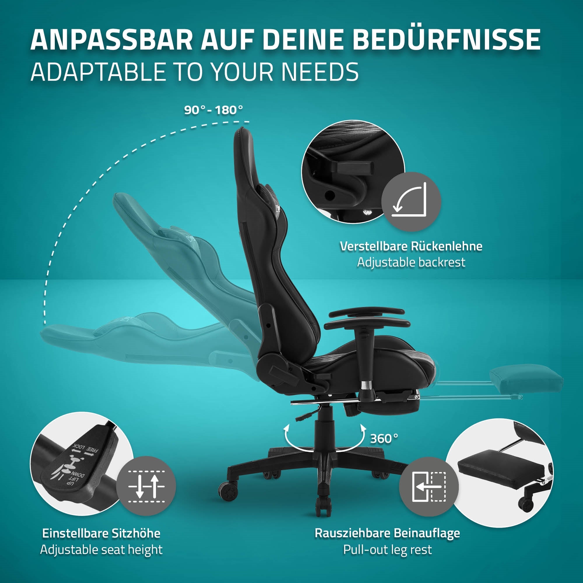 Grafik mit Funktionen eines Stuhls, inklusive verstellbarer Rückenlehne und Sitzhöhe.
