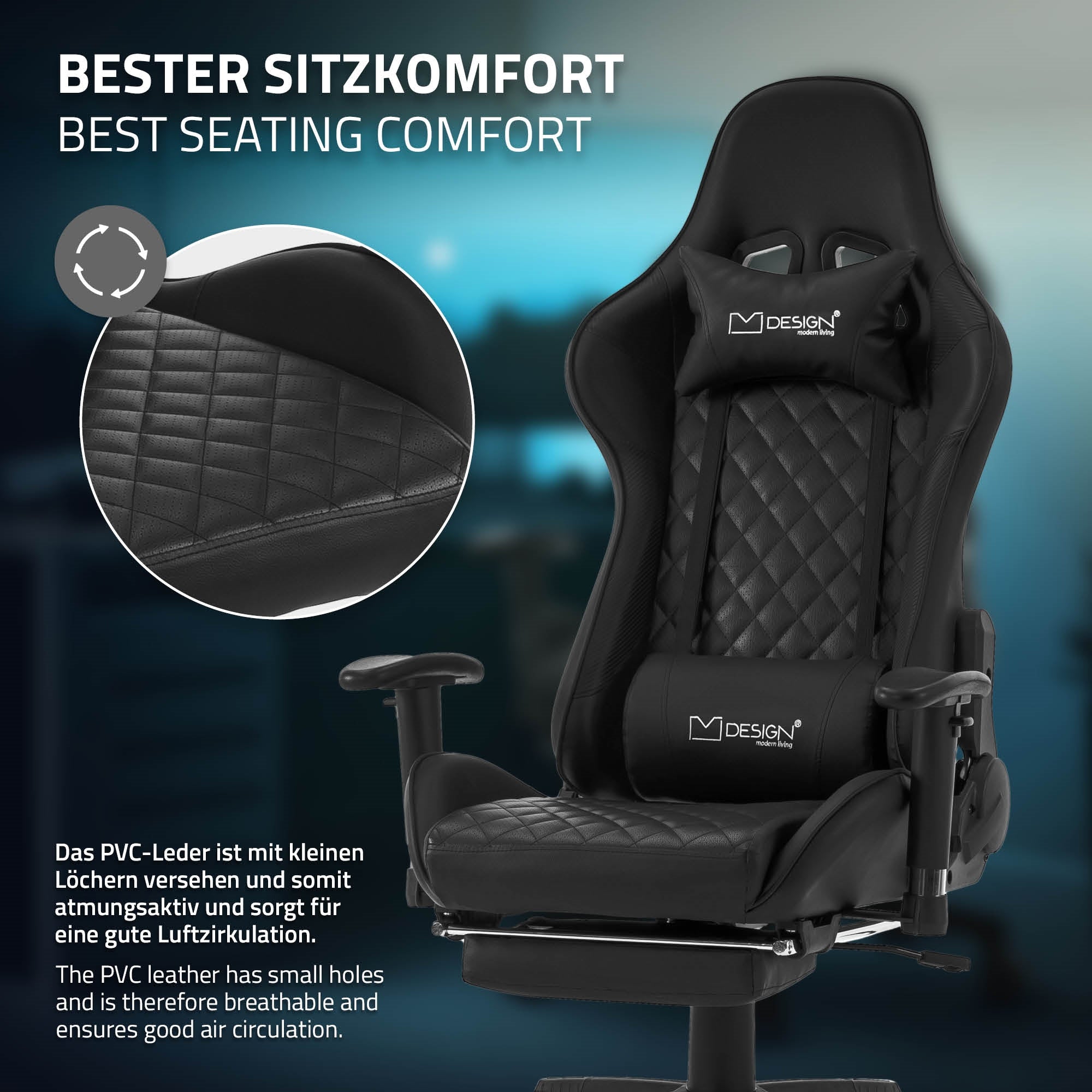 Gaming-Stuhl mit atmungsaktivem PVC-Leder und gestepptem Design.