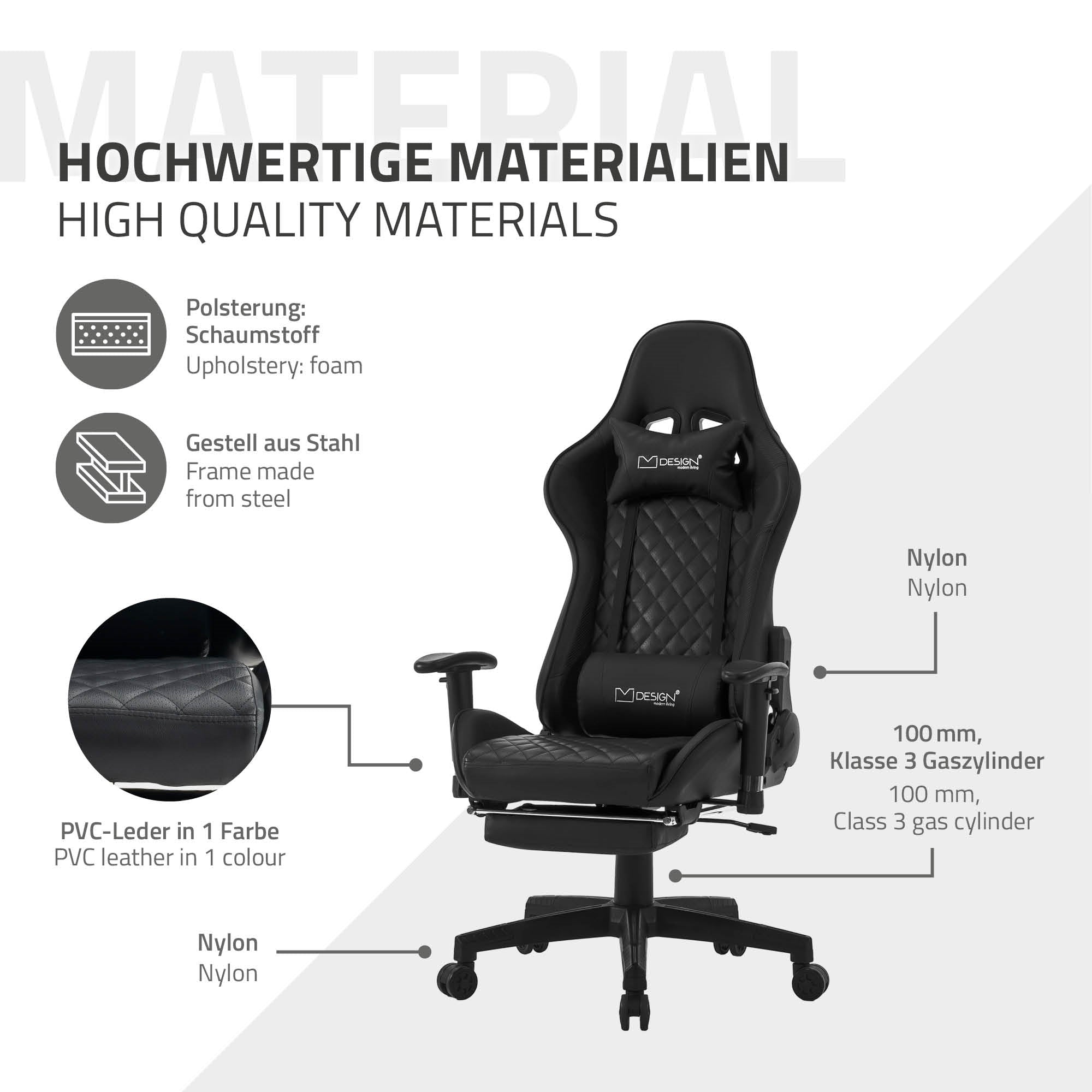Detailansicht eines Gaming-Stuhls mit hochwertigen Materialien und Spezifikationen.
