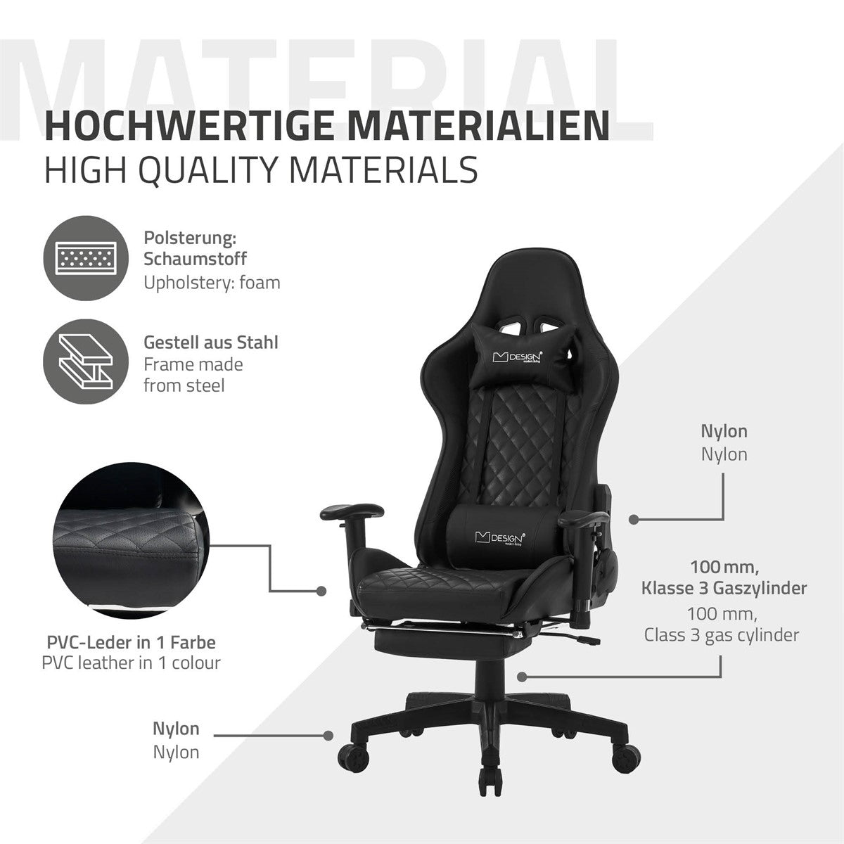 Detaljevisning af en gamingstol med materialer af høj kvalitet og specifikationer.