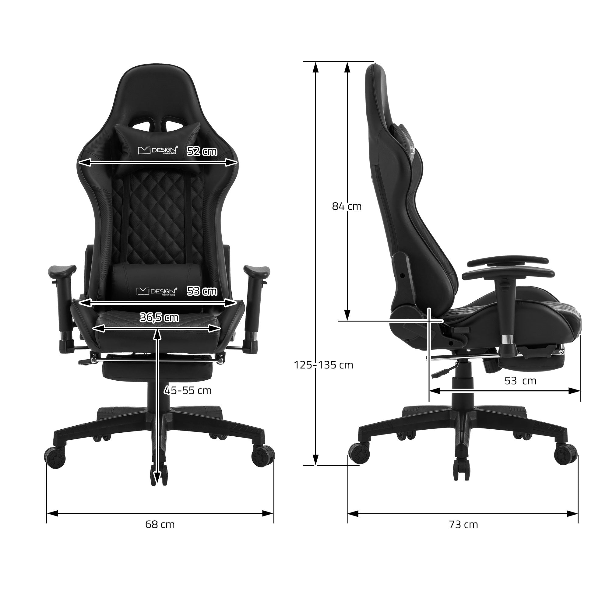 Maßzeichnung eines Gaming-Stuhls mit Abmessungen in cm.