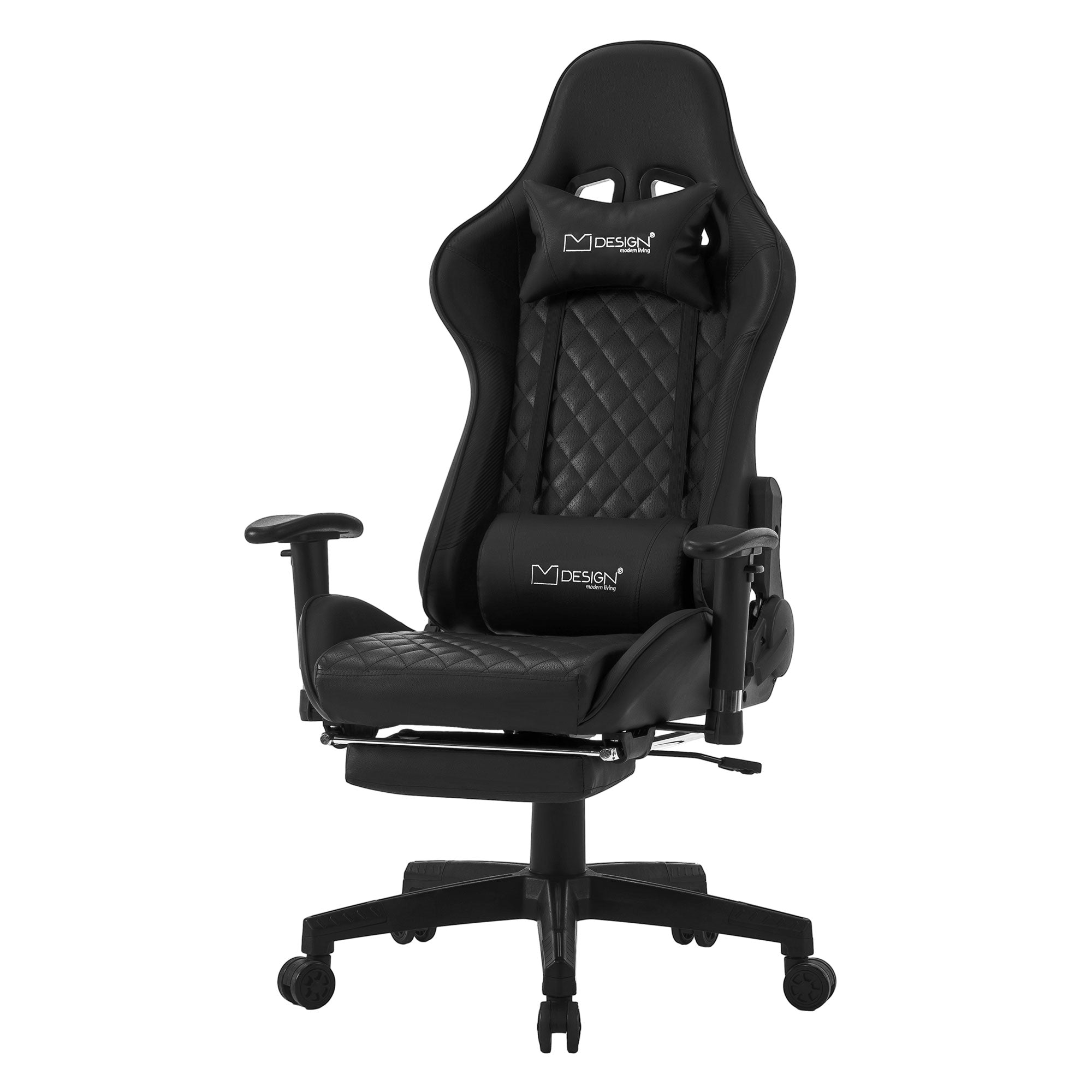 Schwarzer Gaming-Stuhl mit schwarzem und grauem Design auf weißem Hintergrund.