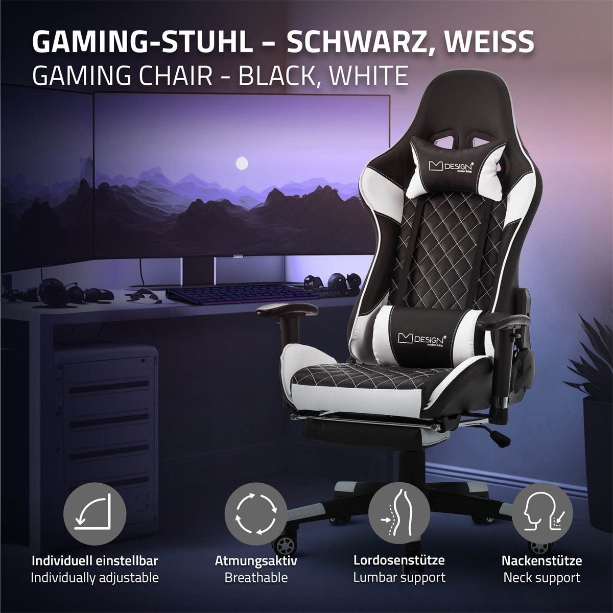 Fekete-fehér gamer szék állítható karfákkal és fejtámlával.