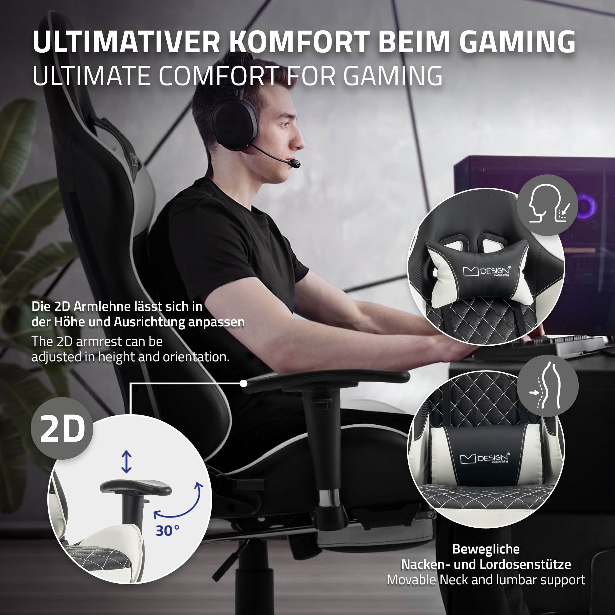 Person sitzt an einem Gaming-Stuhl mit anpassbaren Armlehnen.