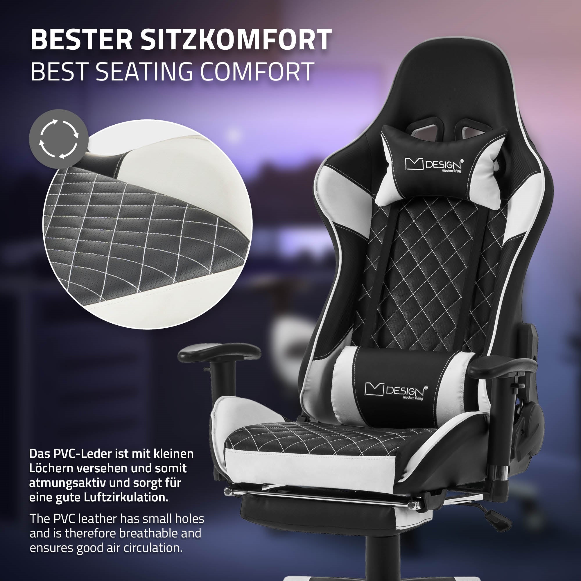 Nahaufnahme eines Gaming-Stuhls aus PVC-Leder mit kleinen Löchern für Luftzirkulation.