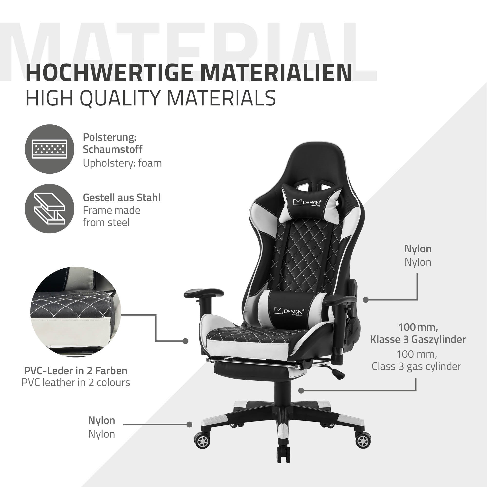 Informationen über Materialien eines Gaming-Stuhls, inklusive Polsterung und Gestell.