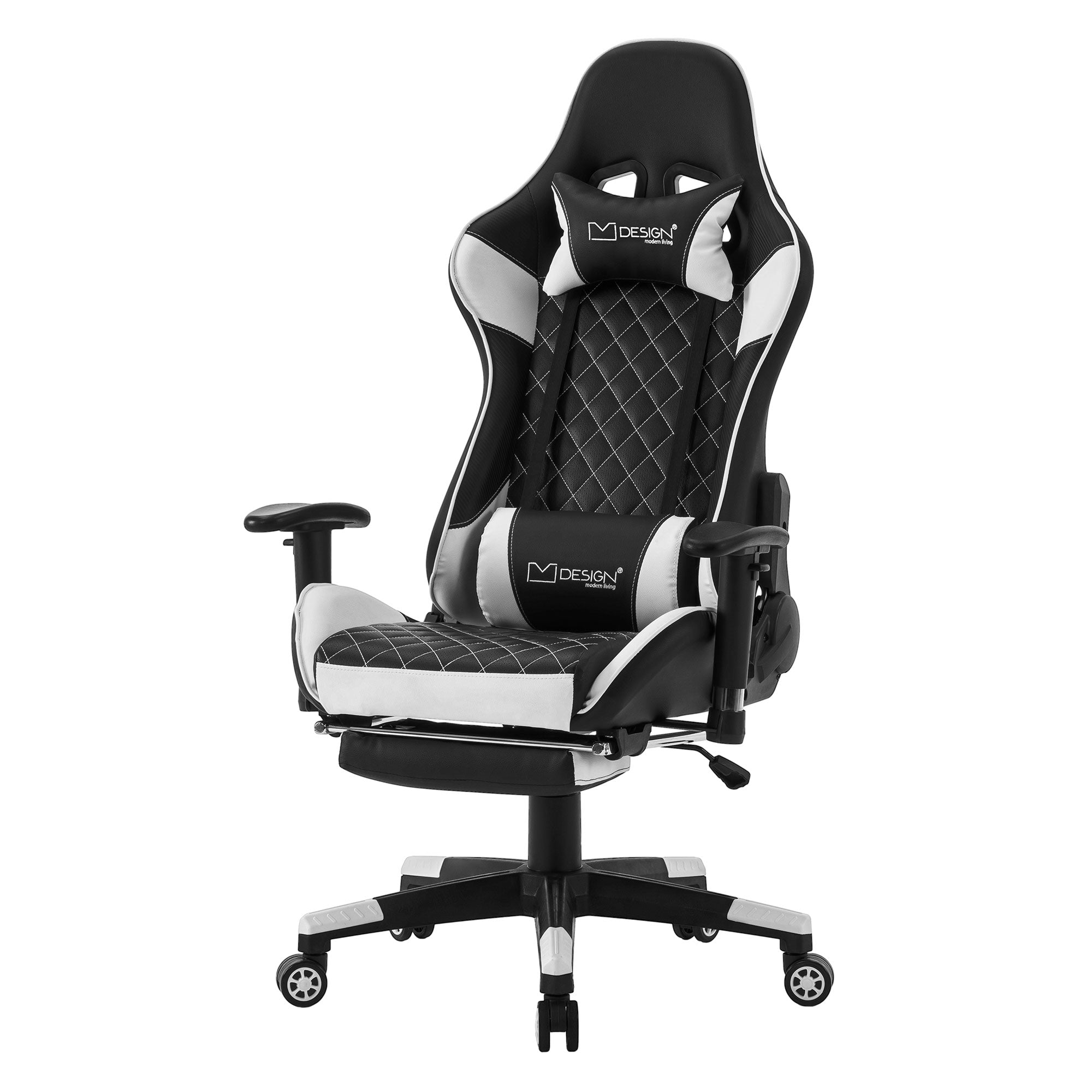 Gaming-Stuhl in Schwarz und Weiß, frontal abgebildet.