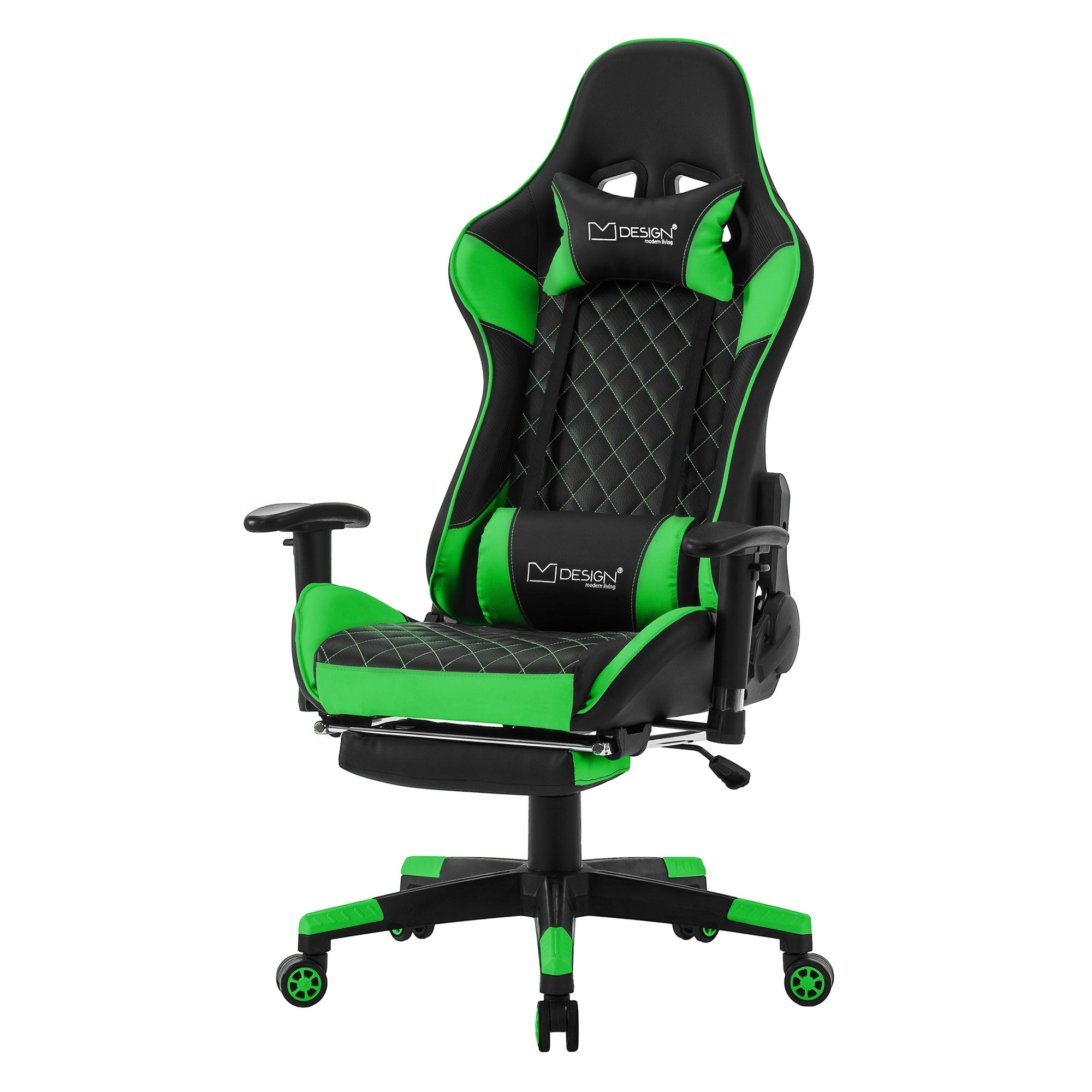 Schwarzer Gaming-Stuhl mit grünen Akzenten, auf einem weißen Hintergrund.