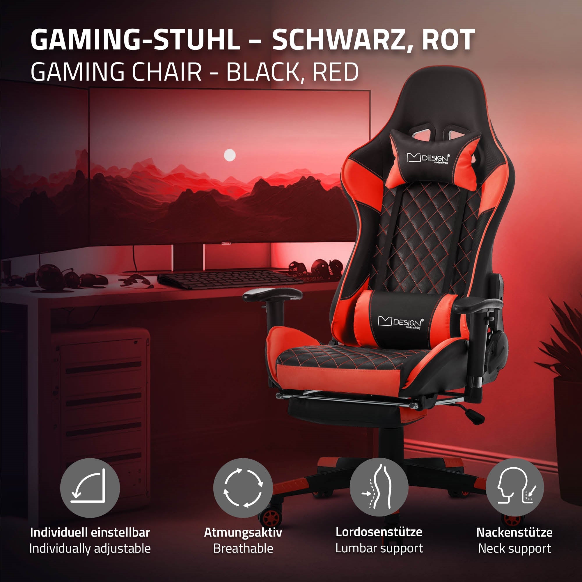 Schwarzer und roter Gaming-Stuhl mit Text über individuelle Einstellmöglichkeiten.