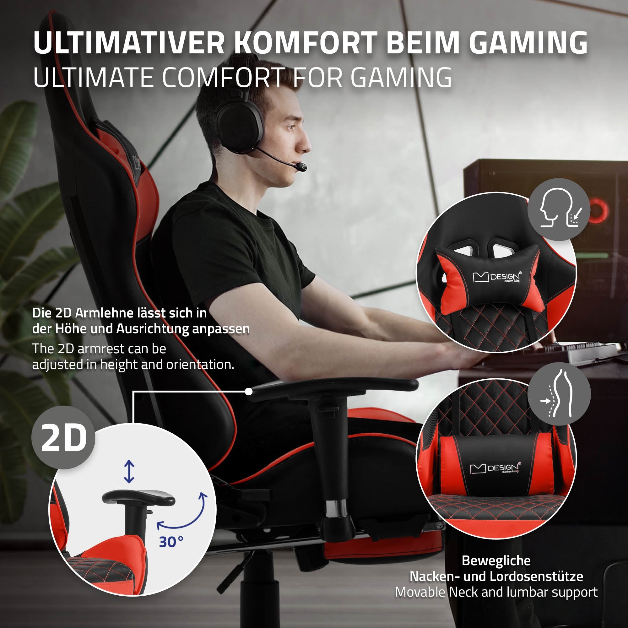 Ein Gamer sitzt in einem Stuhl mit 2D Armlehnen und Nackenstütze in Rot.