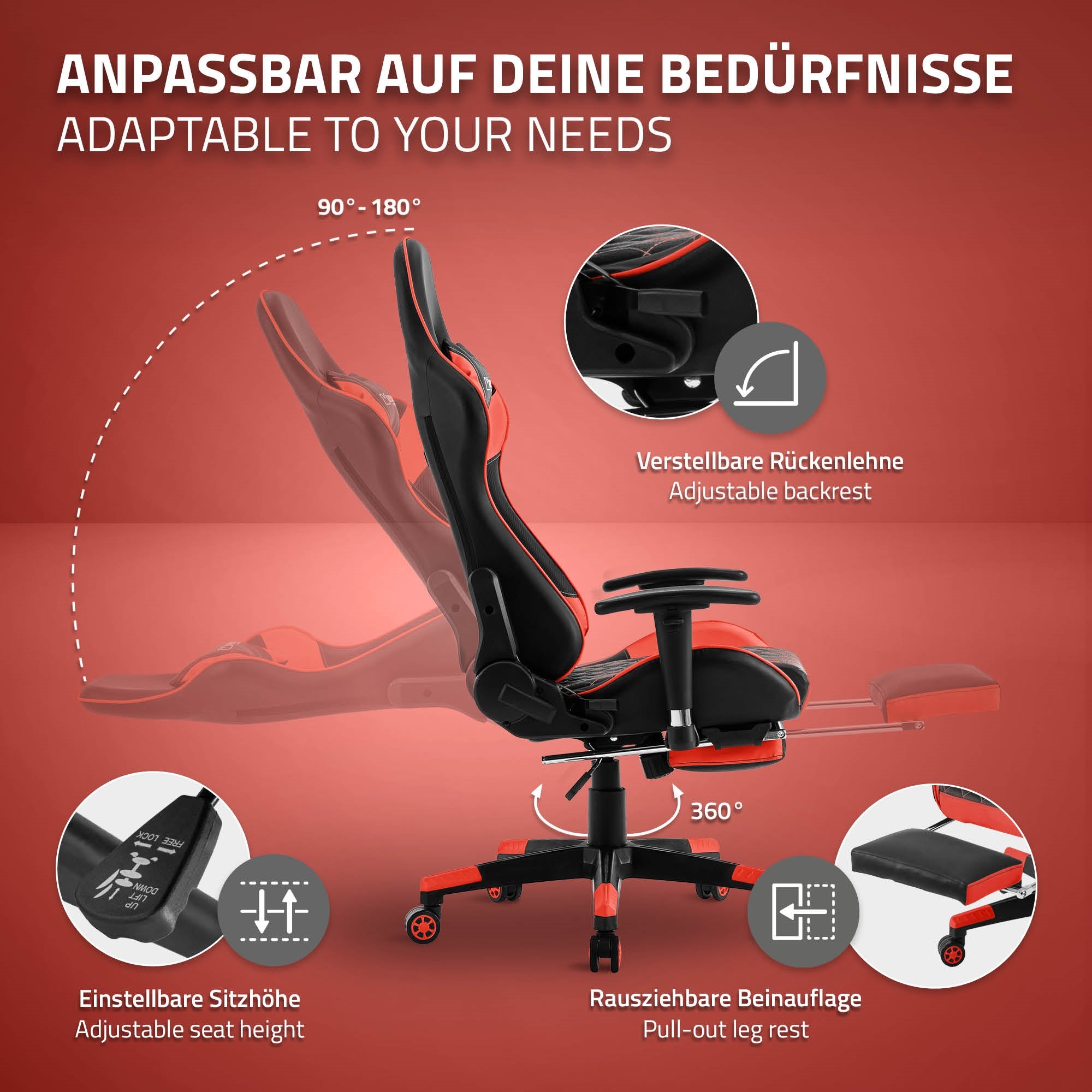 Grafik eines verstellbaren Bürostuhls mit verschiedenen Anpassungsoptionen.