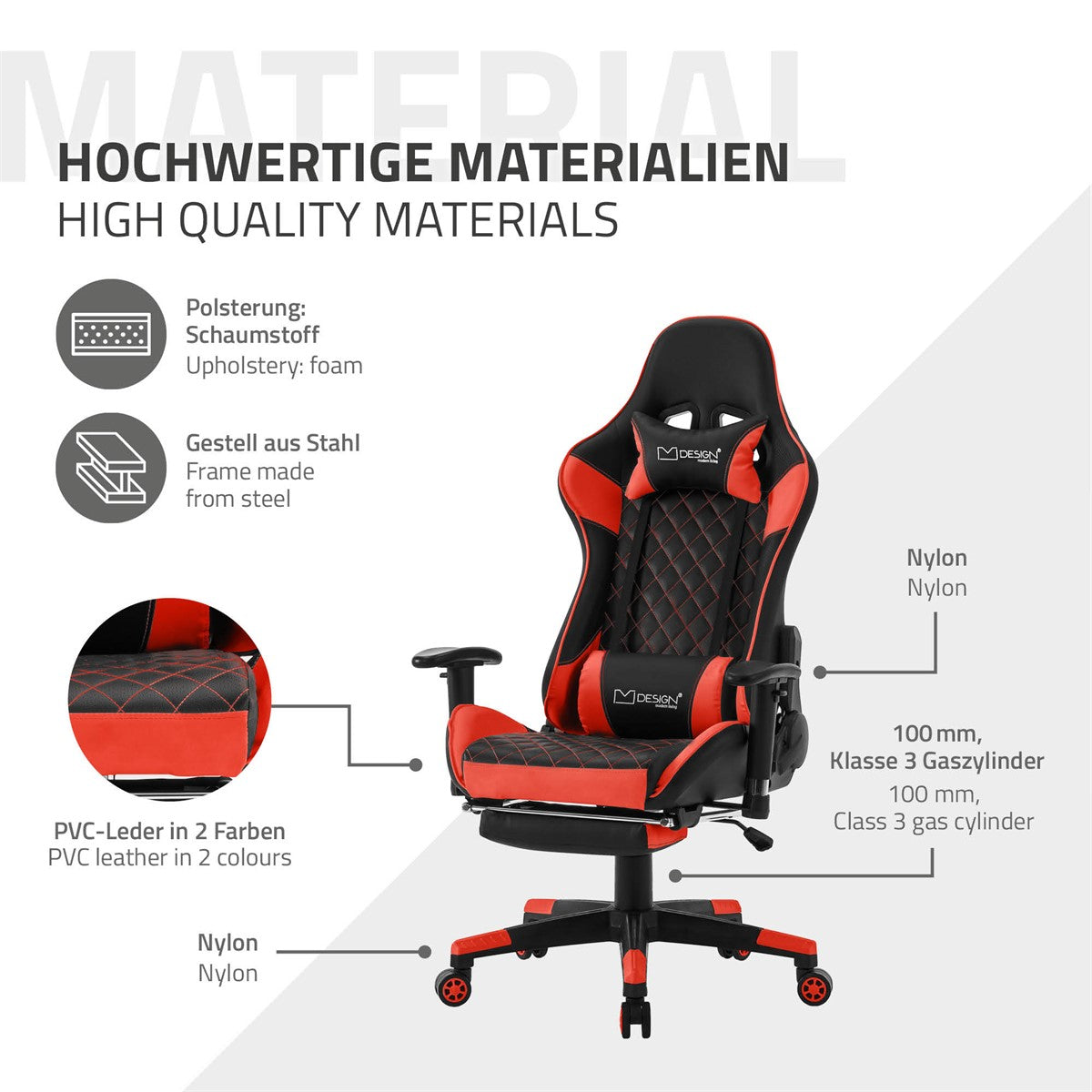 Grafik zeigt Materialien und Eigenschaften eines Gaming-Stuhls in rot und schwarz mit PVC-Leder.