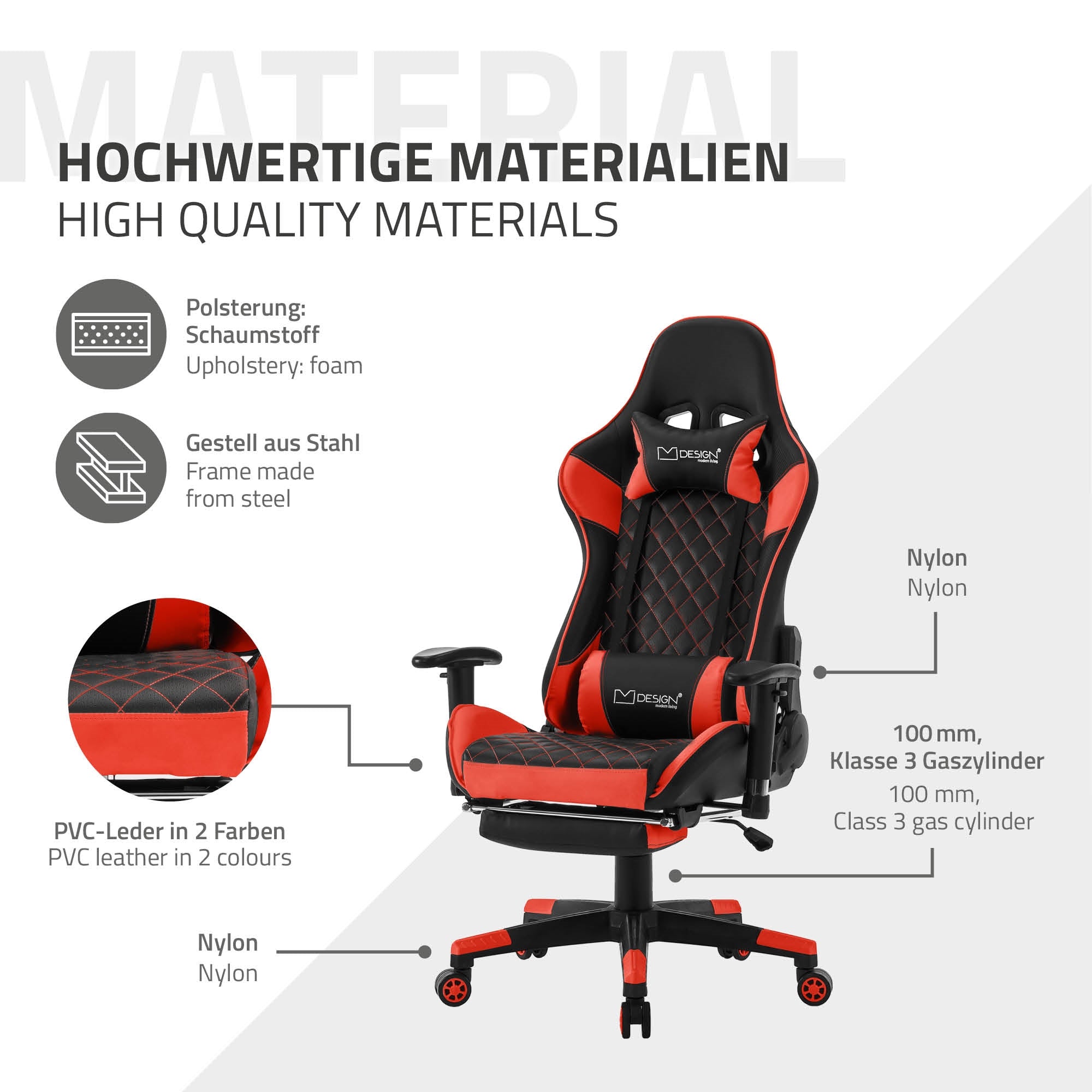 Grafik zeigt Materialien und Eigenschaften eines Gaming-Stuhls in rot und schwarz mit PVC-Leder.