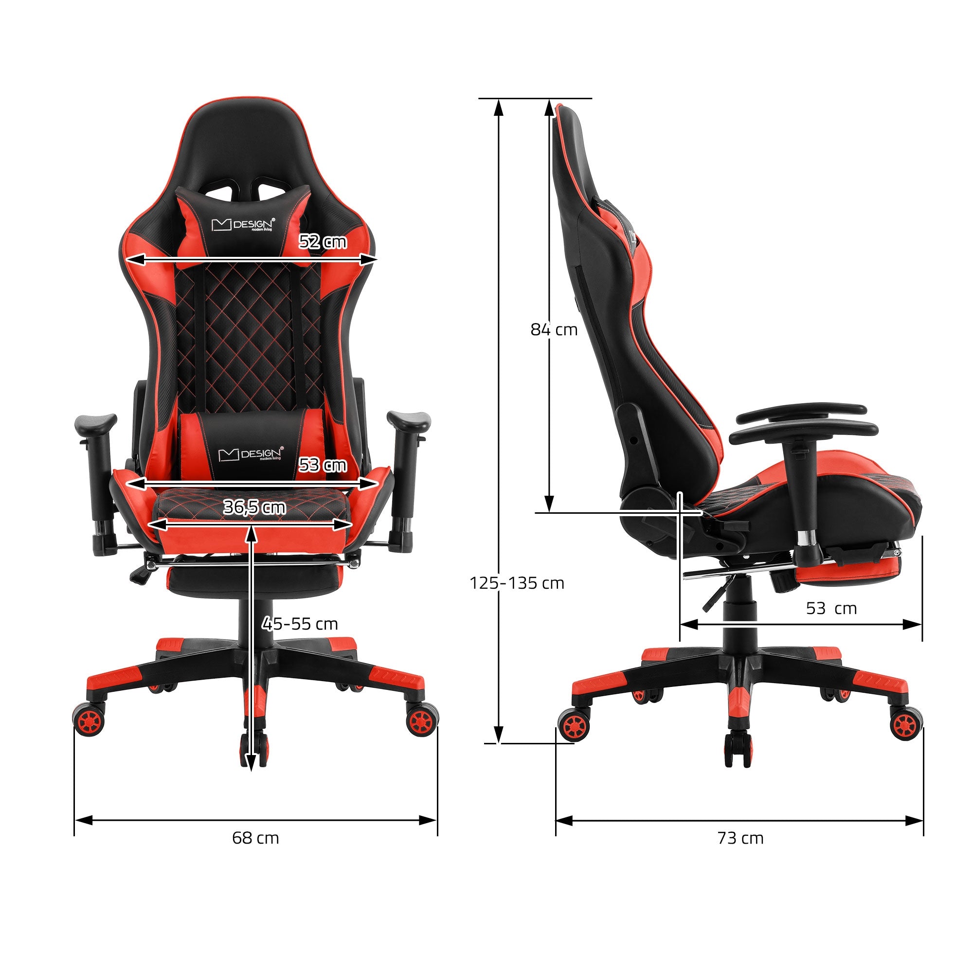 Maßzeichnung eines Gaming-Stuhls mit verschiedenen Abmessungen.