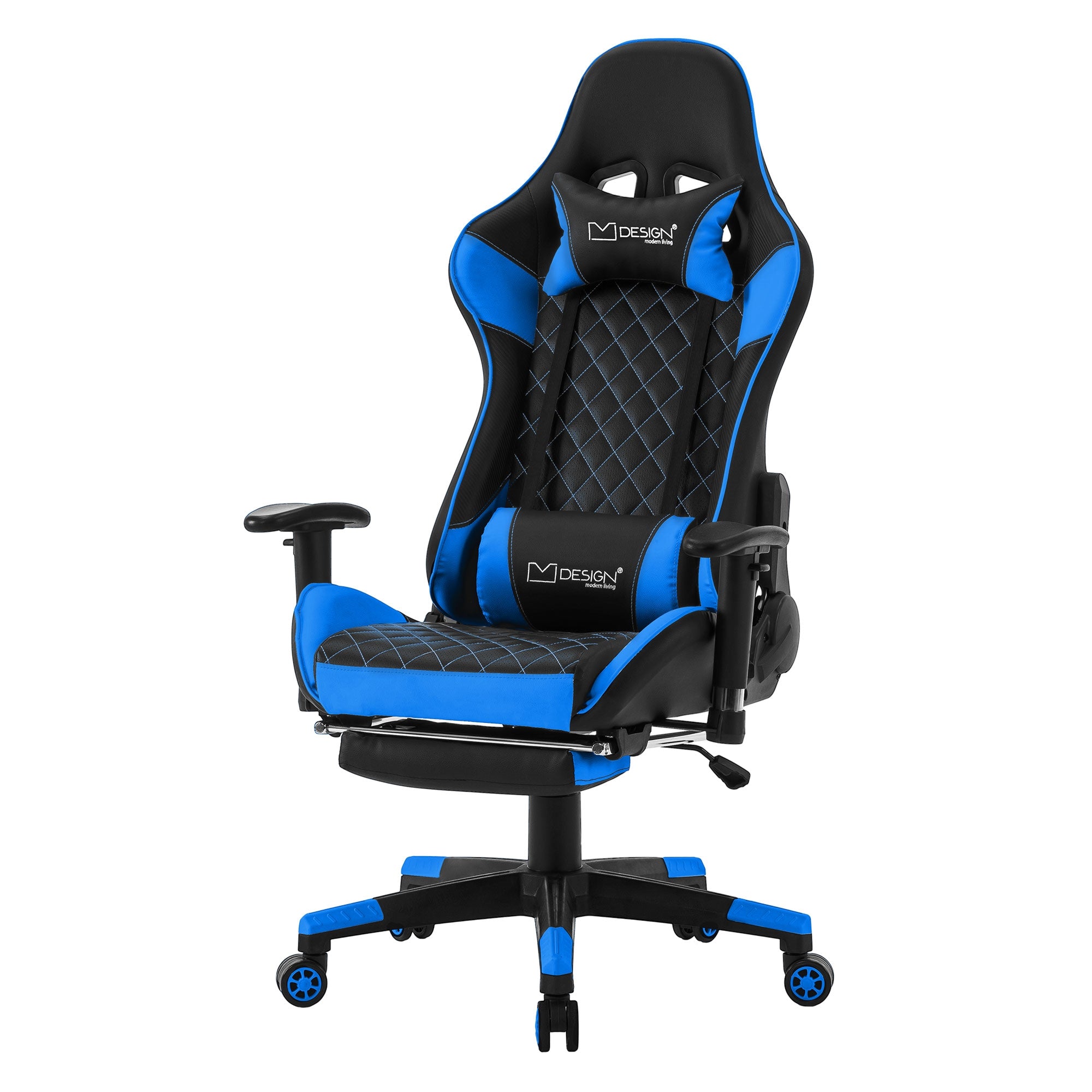 Ein schwarzer Gaming-Stuhl mit blauen Akzenten und verstellbaren Armlehnen.
