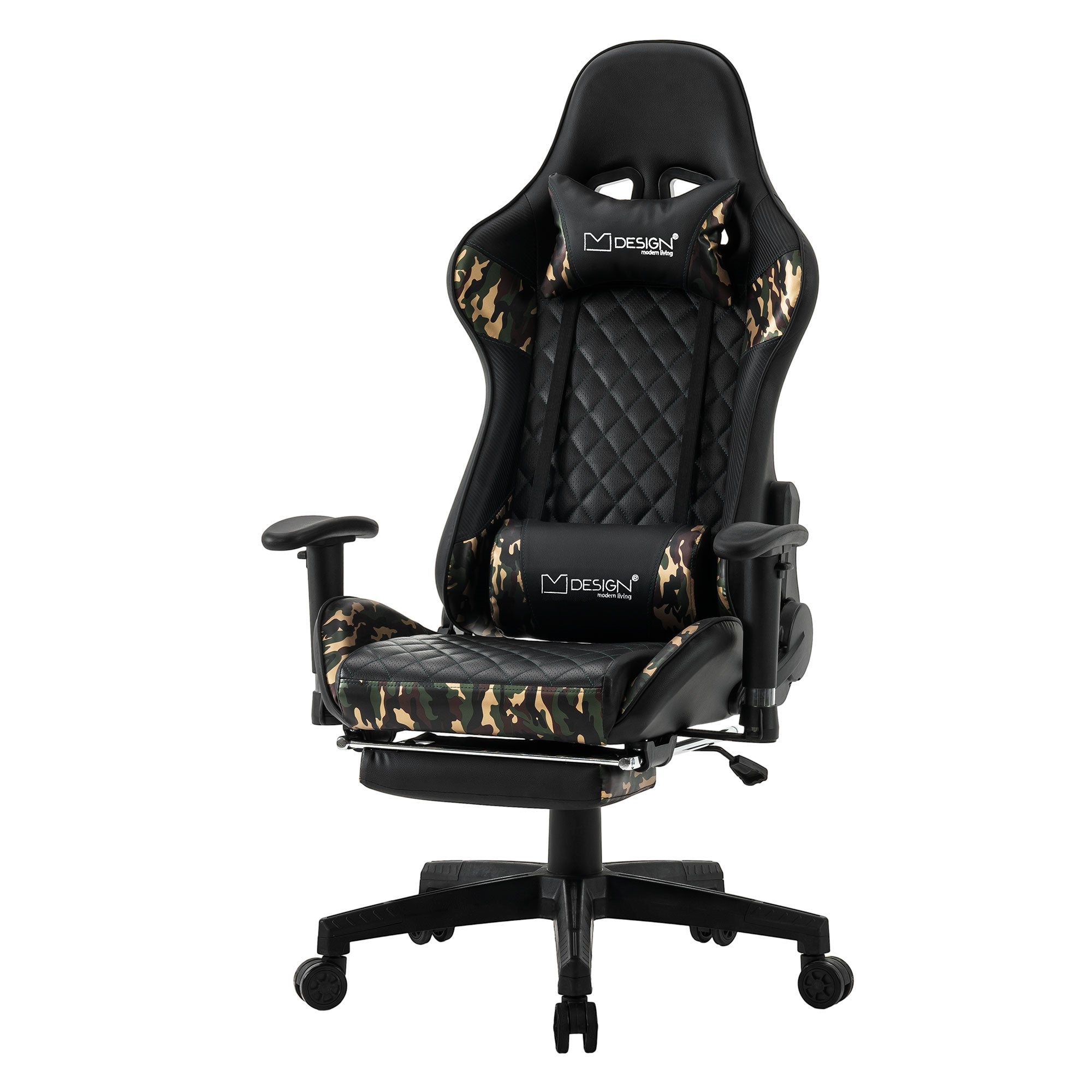 Gaming-Stuhl in schwarzem und camouflagemuster mit ergonomischem Design und verstellbaren Armlehnen.