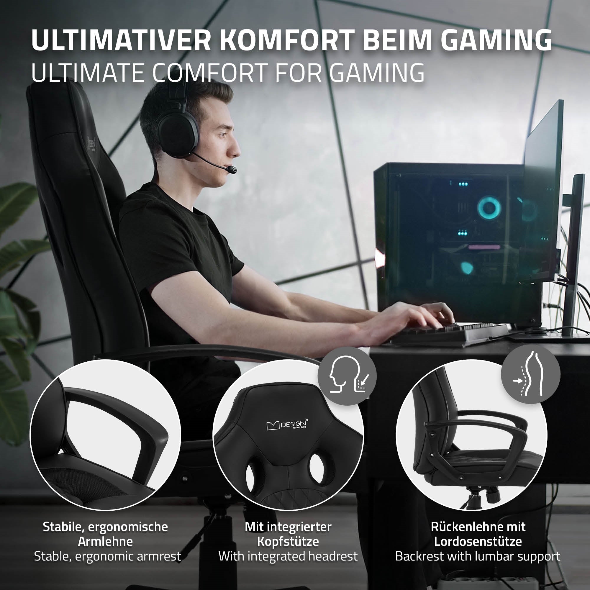 Man met headset zit aan een bureau voor een computer en gebruikt een gamingstoel.
