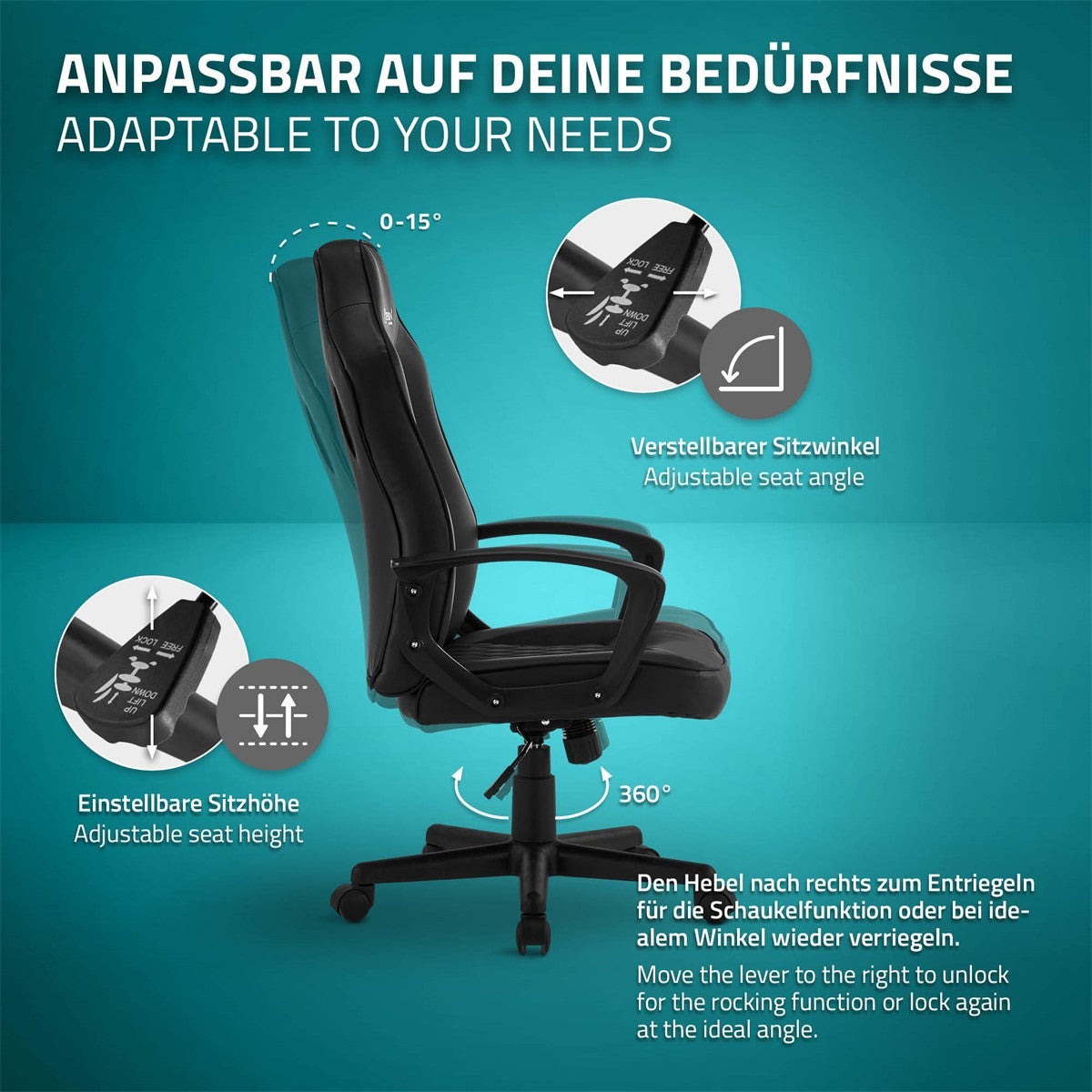 Állítható irodai széket és annak funkcióit bemutató grafika.
