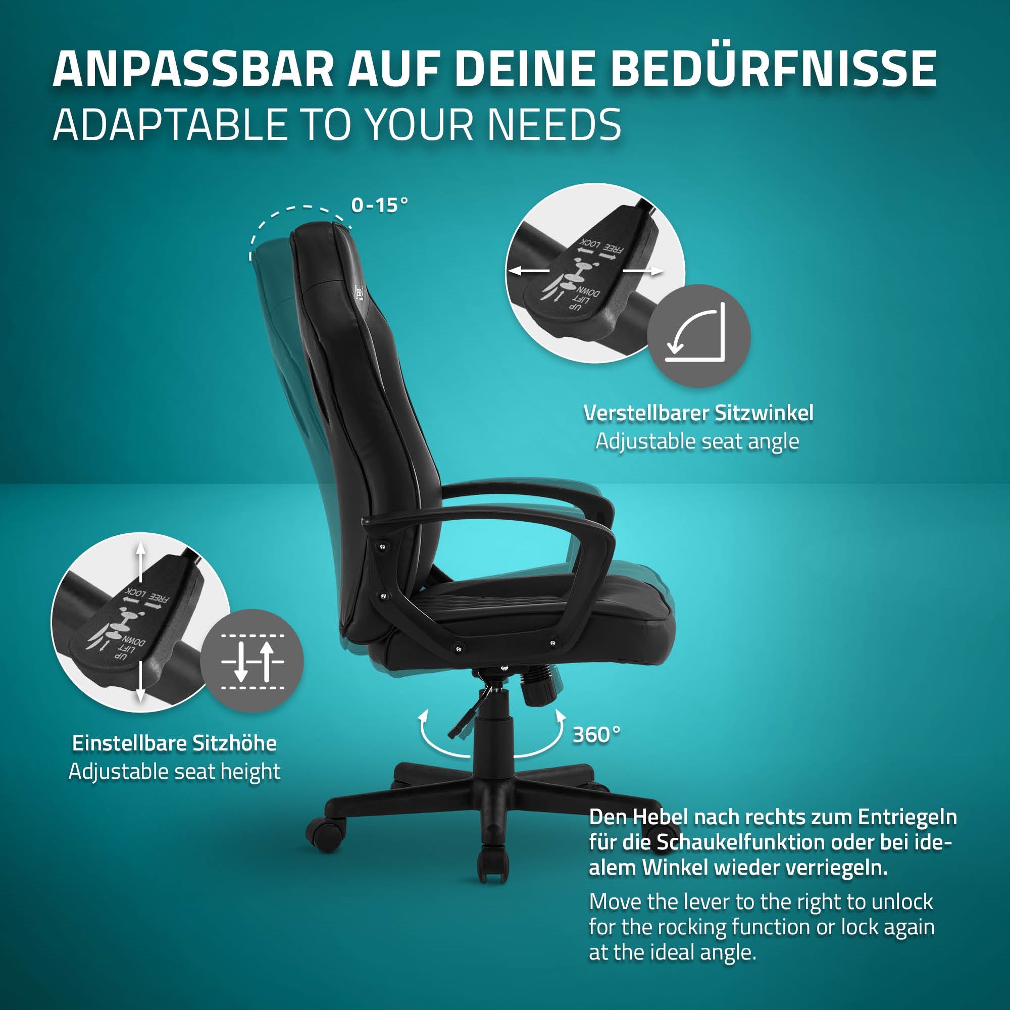 Graphique avec une chaise de bureau réglable et ses fonctions.
