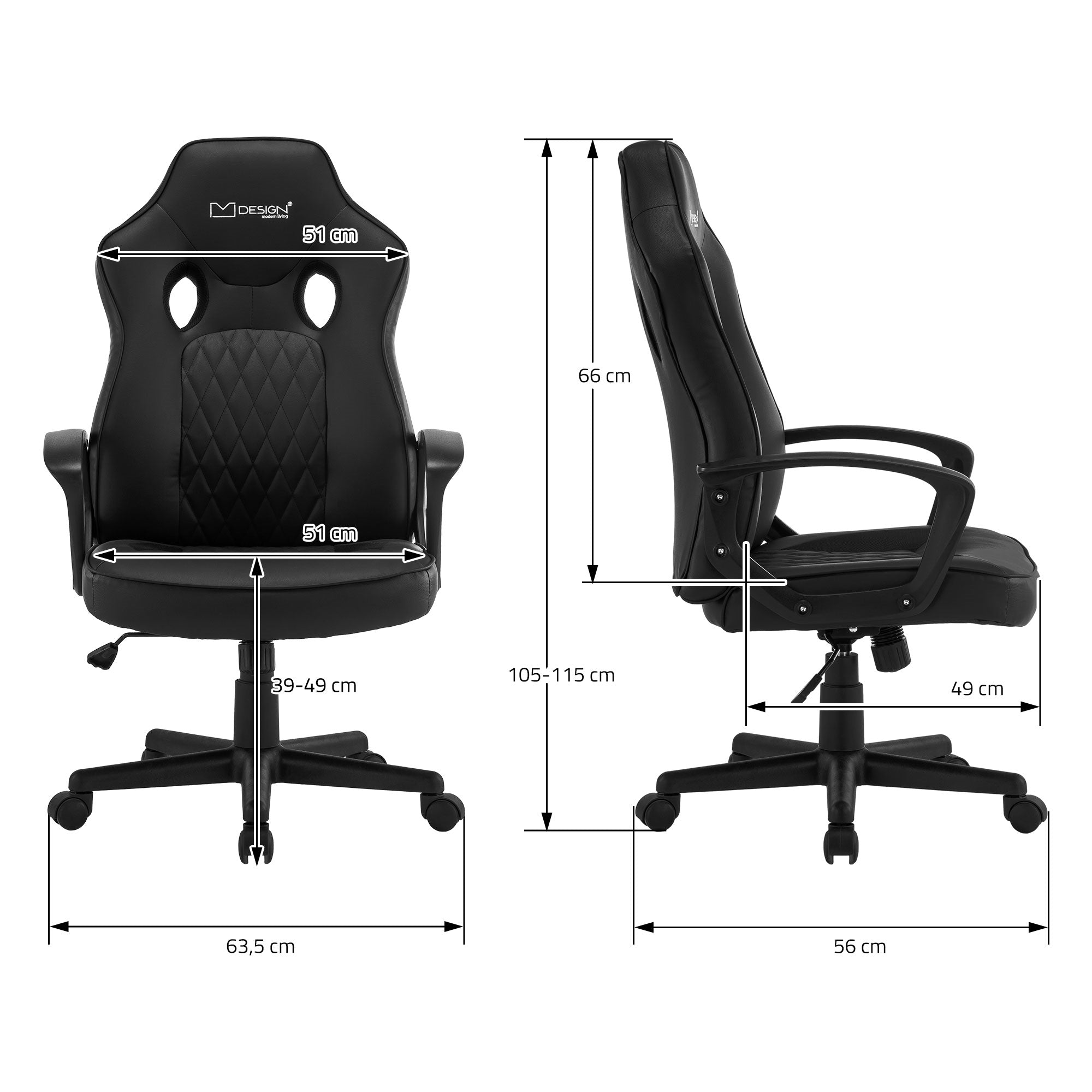 Maßzeichnung eines Gaming-Stuhls mit verschiedenen Abmessungen.