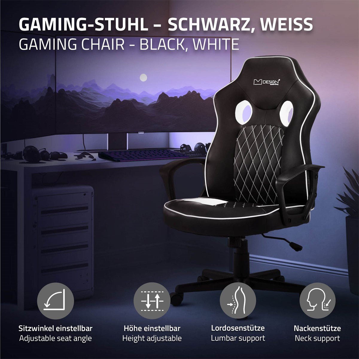 Fekete-fehér gaming szék állítható funkciókkal.