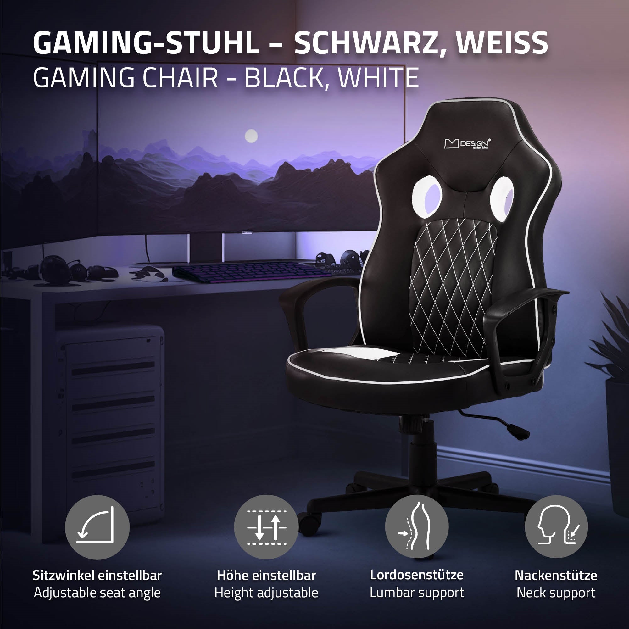 Black and white gaming chair with adjustable functions.