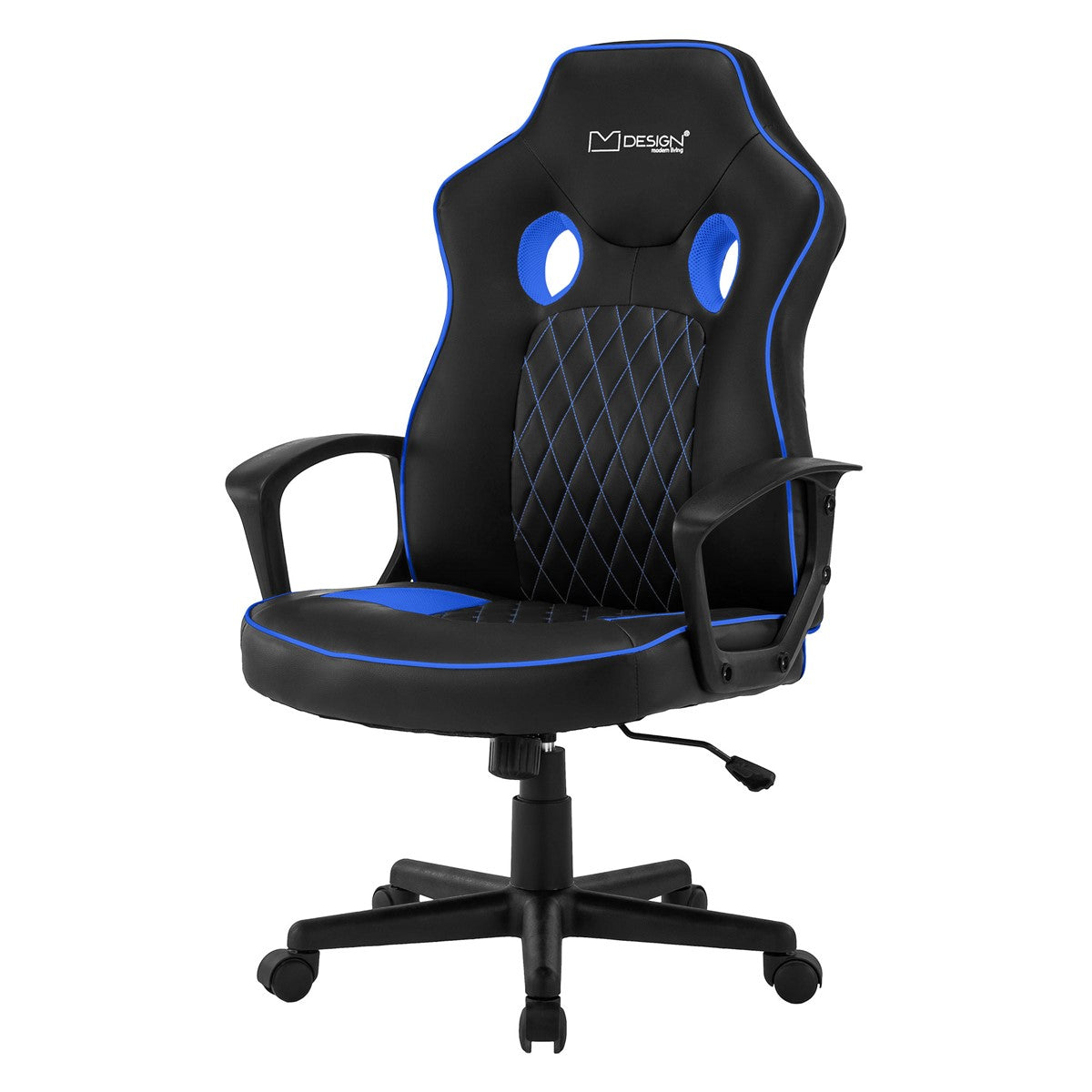 Silla gaming negra con detalles azules, vista de frente.