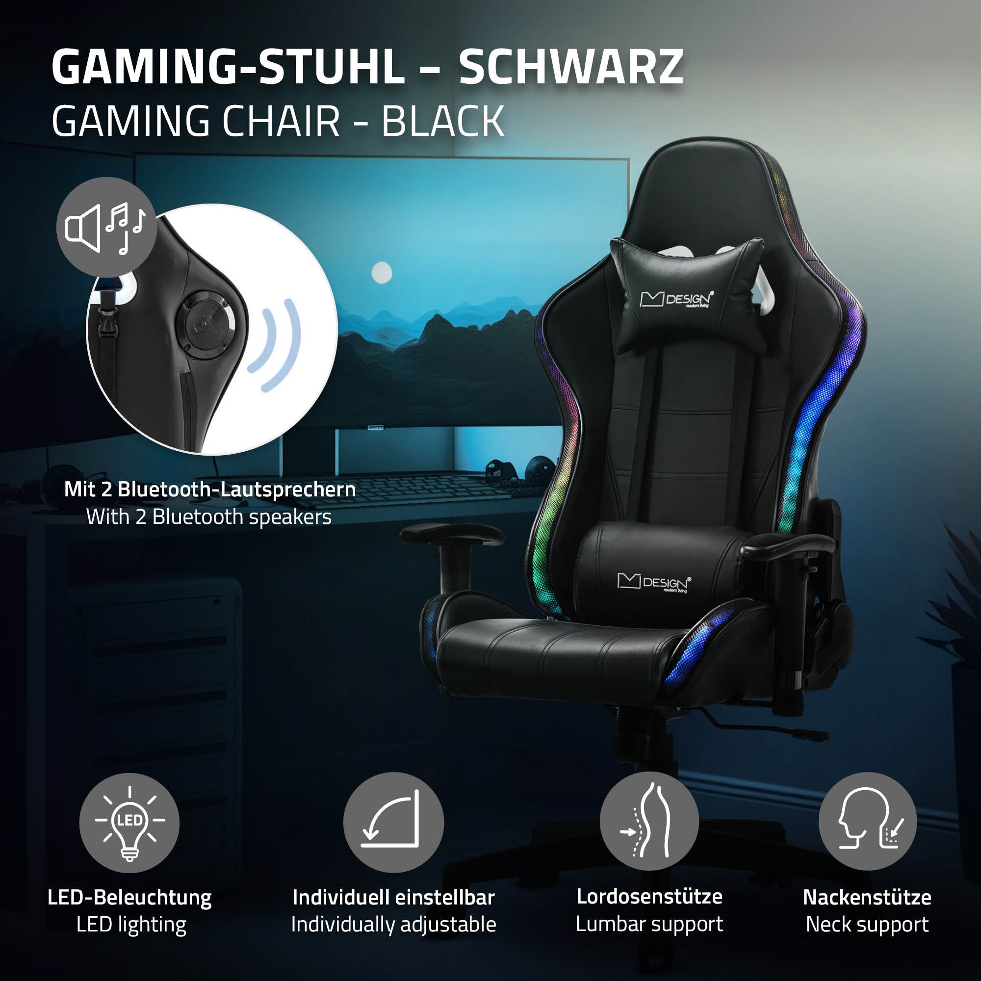 Schwarzer Gaming-Stuhl mit Bluetooth-Lautsprechern und verstellbarer Unterstützung.