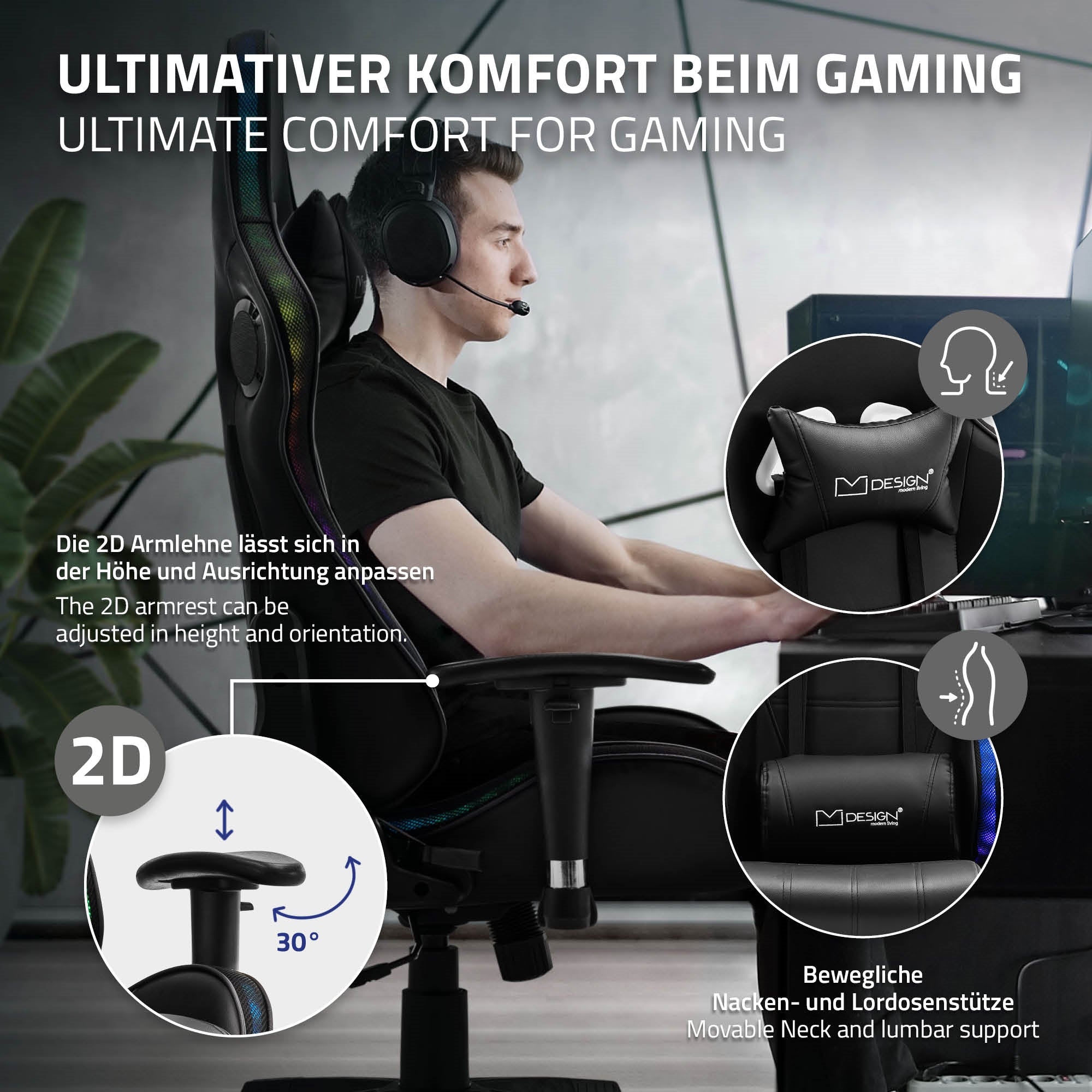 Gaming-Stuhl mit verstellbaren Armlehnen und Nackenstütze.
