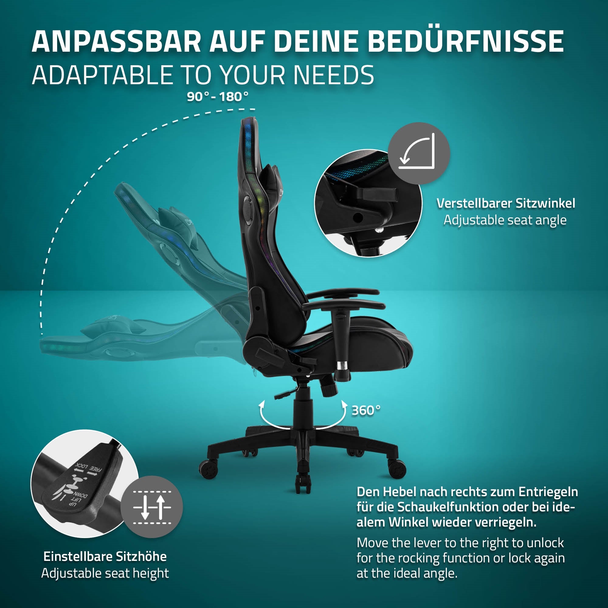Grafik mit einem verstellbaren Bürostuhl und Beschreibung der Funktionen.