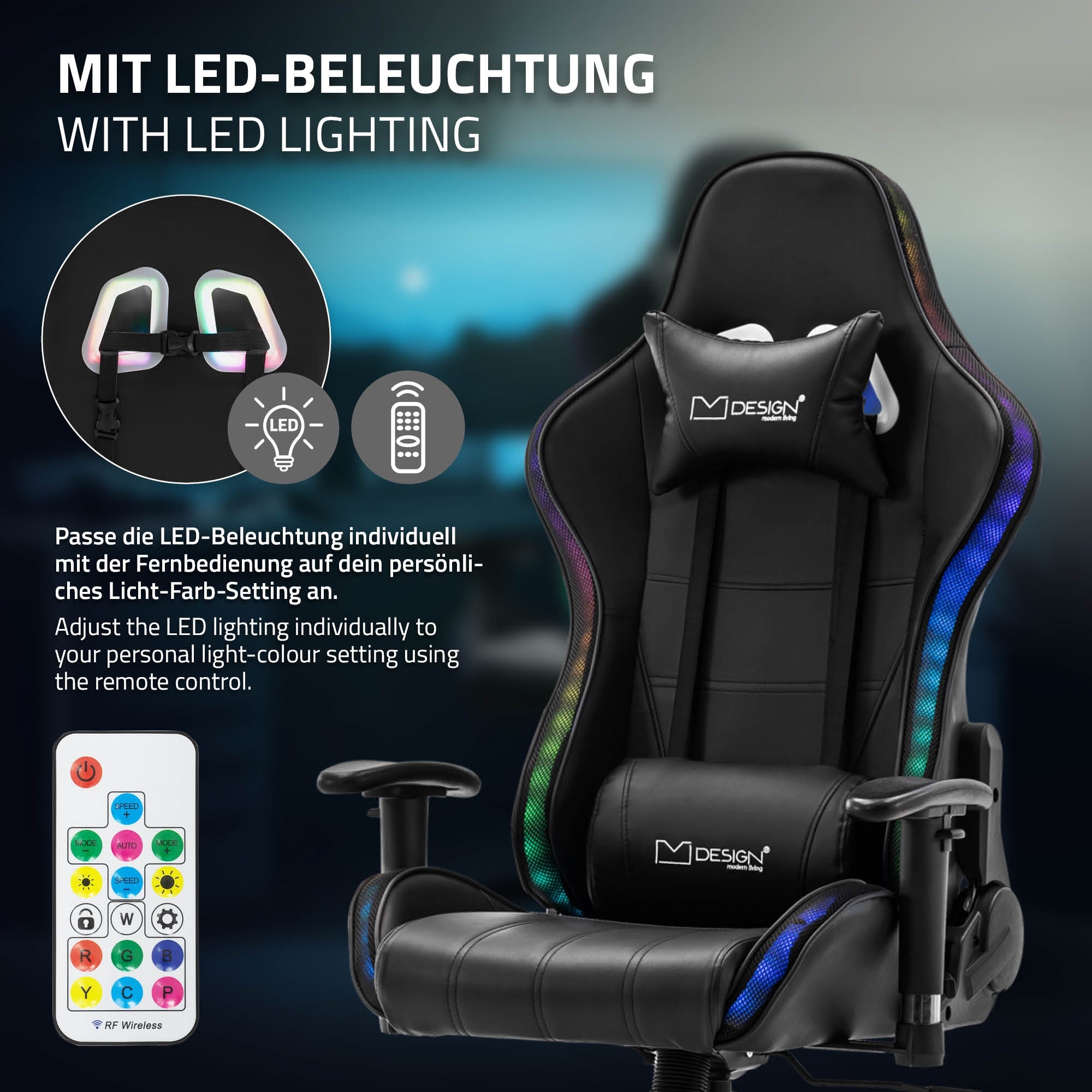 Grafik zeigt die Anpassung der LED-Beleuchtung des Gaming-Stuhls.