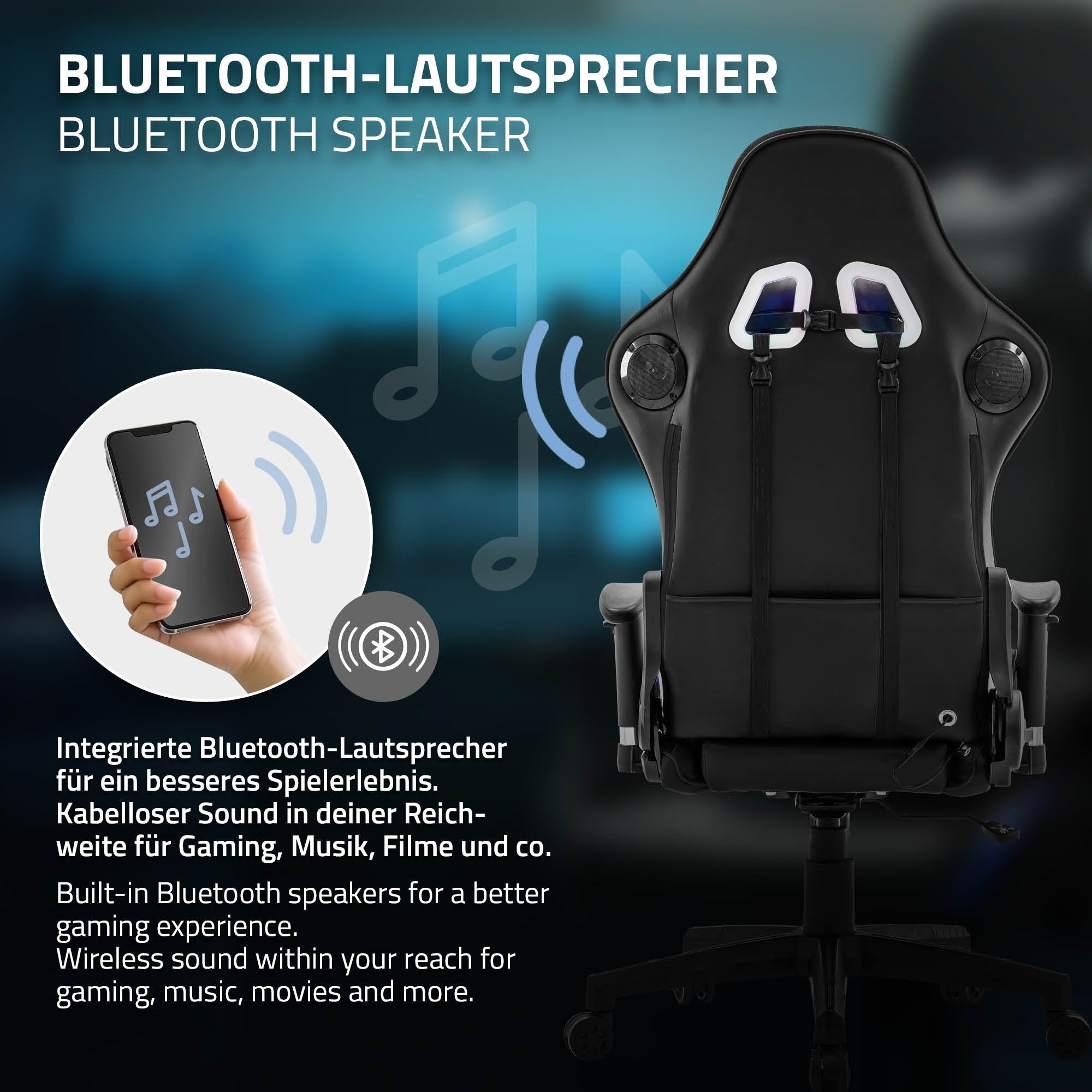 Rückansicht eines Gamingstuhls mit integriertem Bluetooth-Lautsprecher.