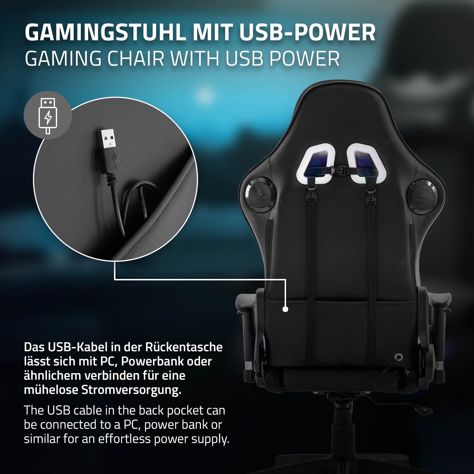 Rückansicht eines Gaming-Stuhls mit USB-Anschluss für Stromversorgung.