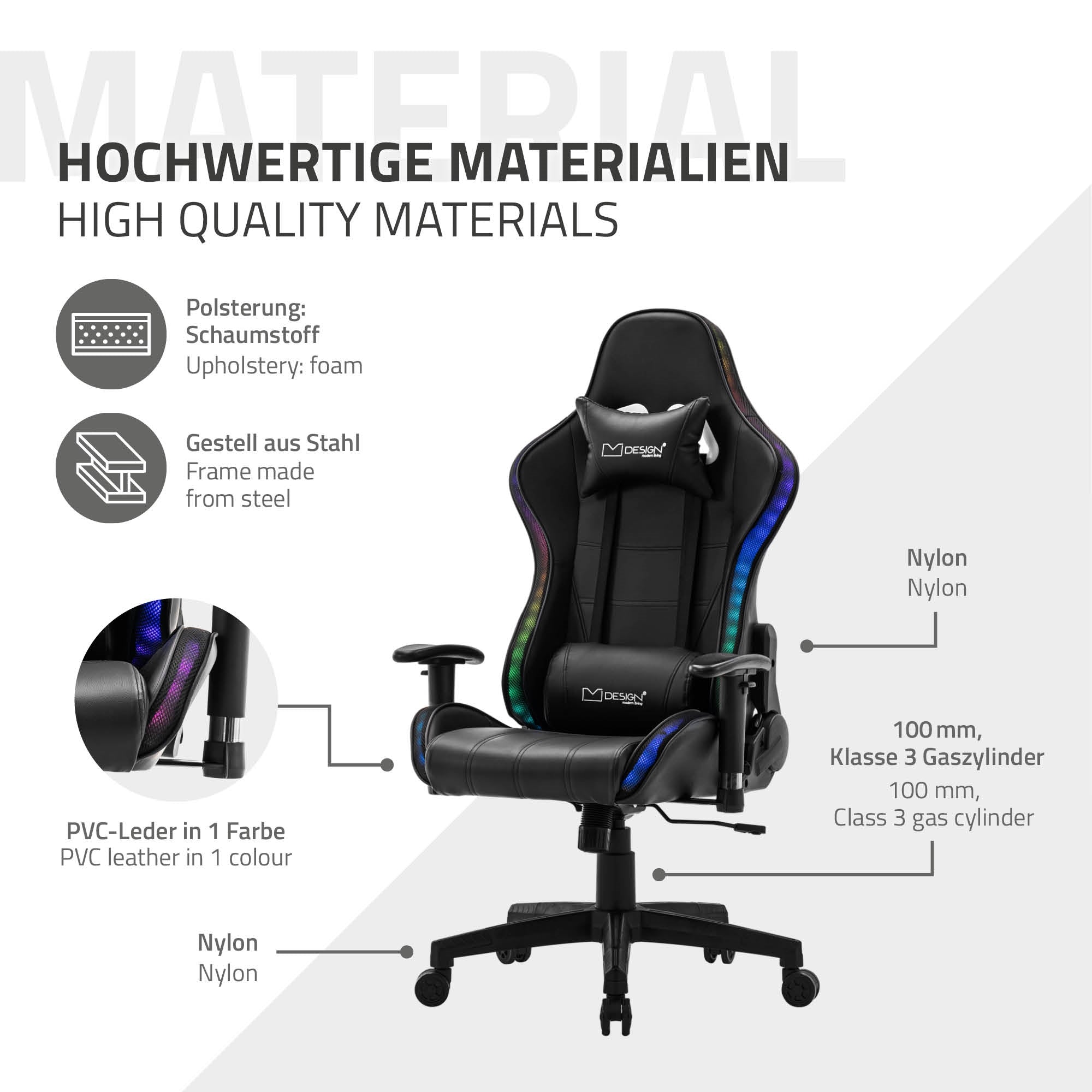 Gaming-Stuhl aus hochwertigen Materialien mit PVC-Bezug.
