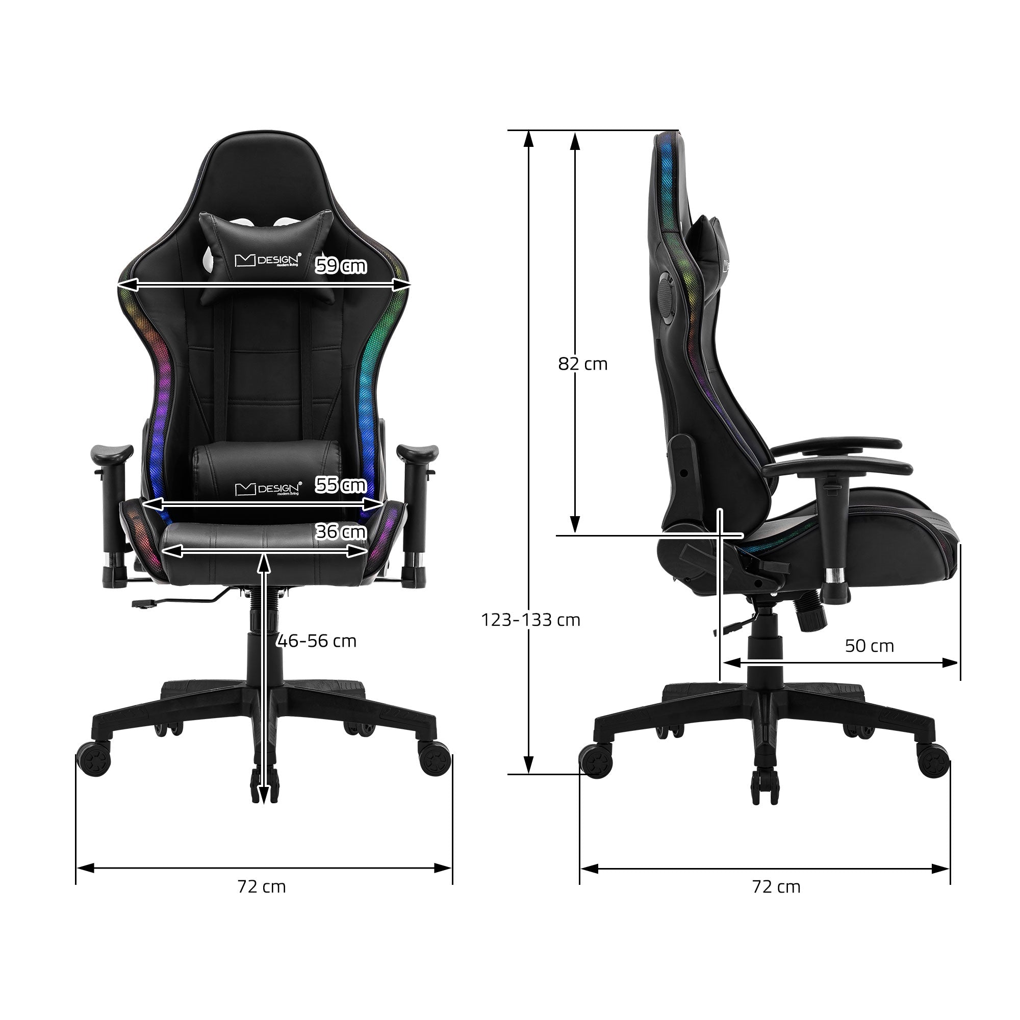 Maßzeichnung eines Gaming-Stuhls mit verschiedenen Abmessungen.