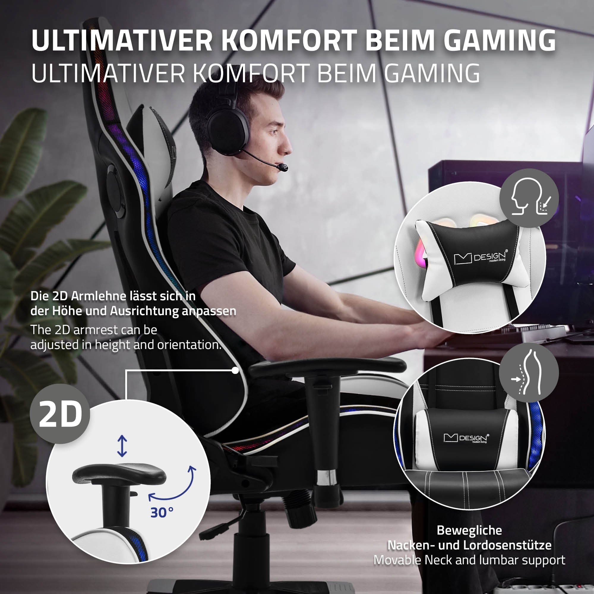 Gamingstoel met verstelbare armleuningen en neksteun.