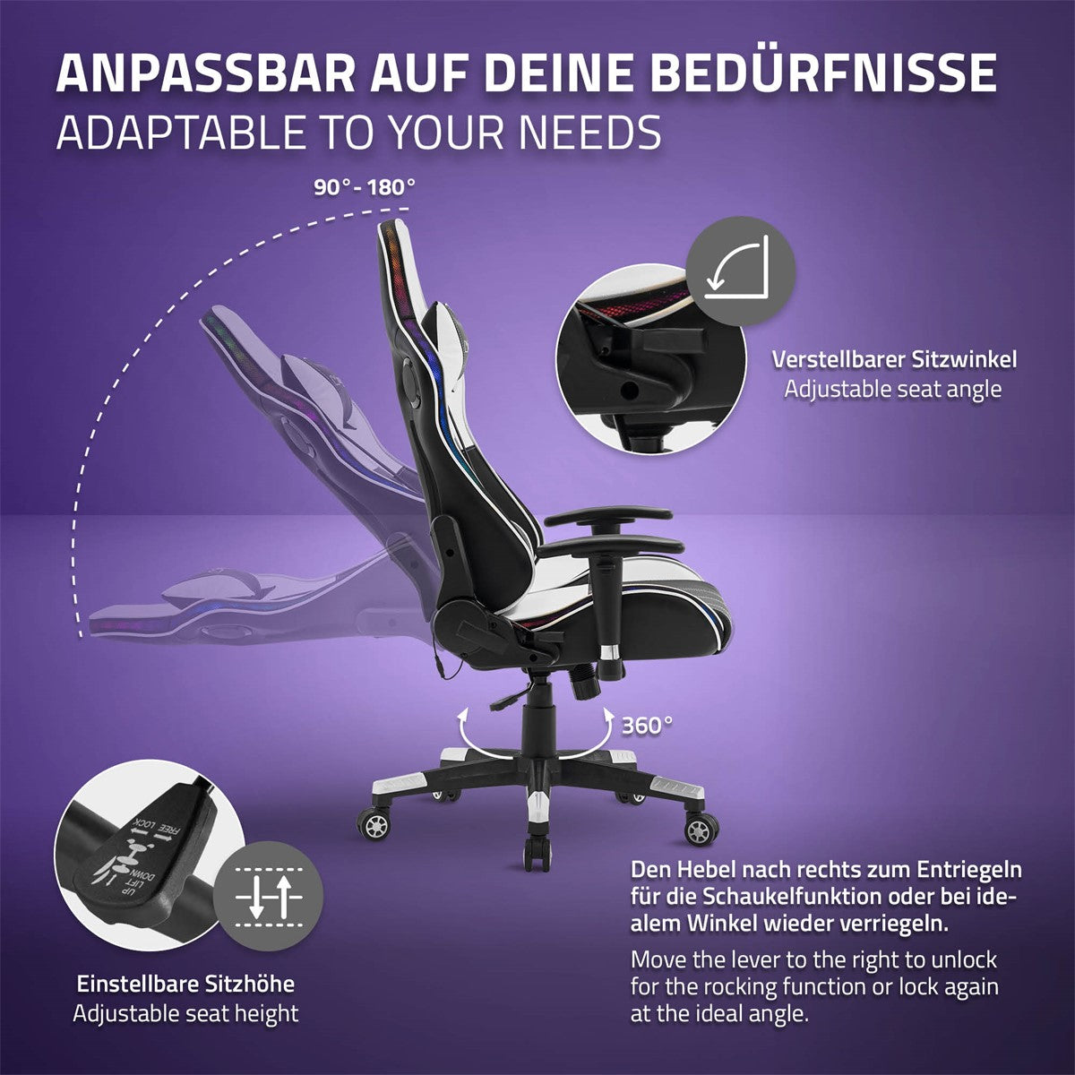 Illustration présentant les possibilités de réglage d’une chaise gaming.