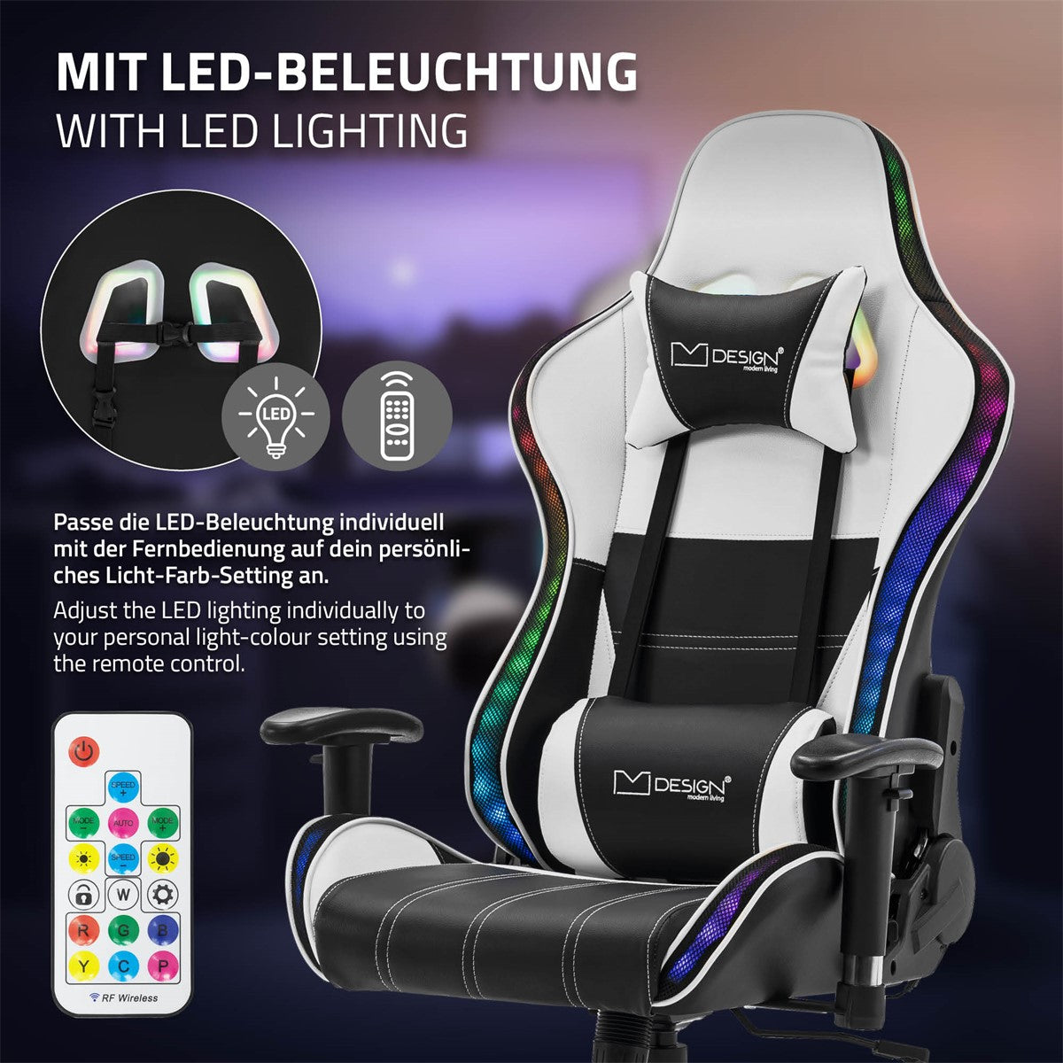 Fauteuil gaming avec éclairage LED et télécommande pour régler les couleurs.