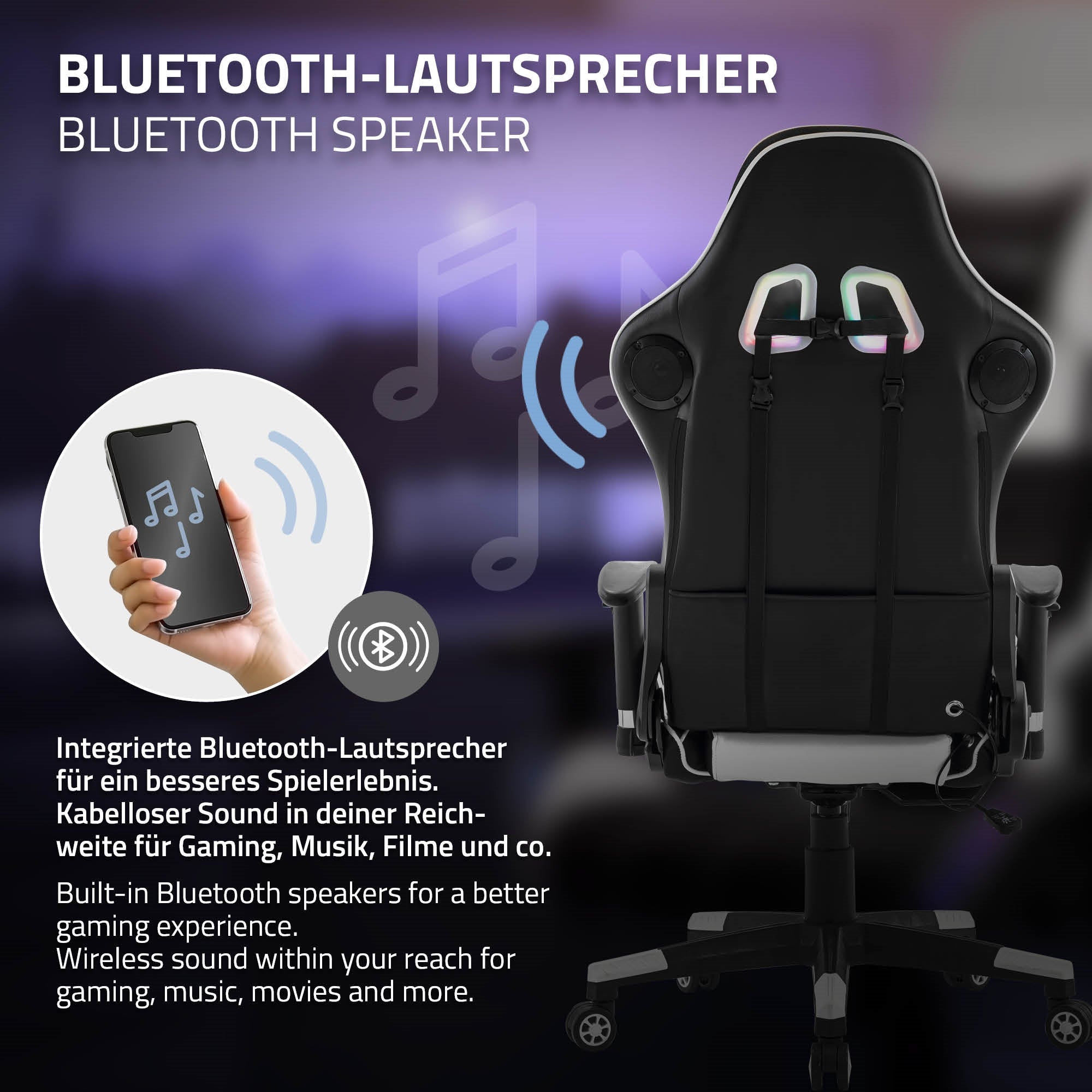 Bluetooth-luidspreker met smartphone in de hand, muzieknoten op de achtergrond.