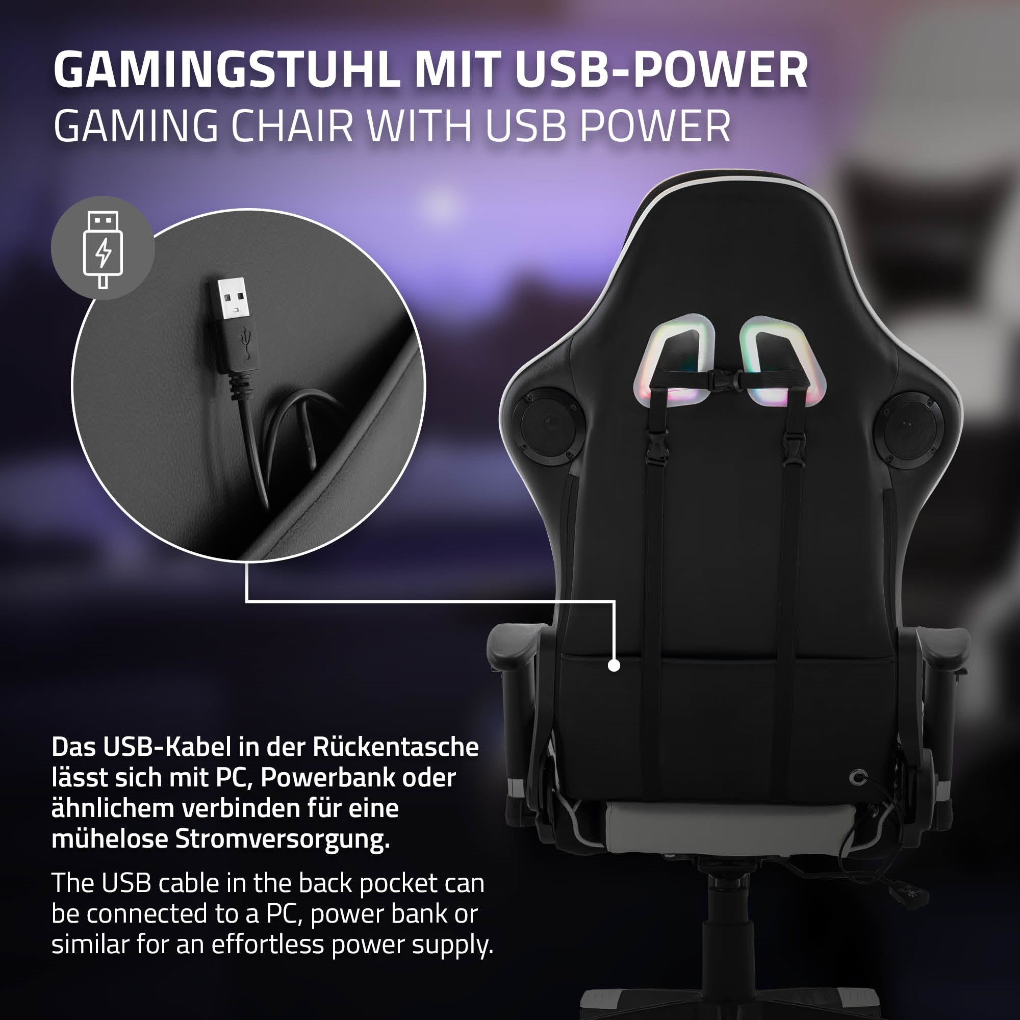 Achteraanzicht van een gamingstoel met USB-aansluiting in de rugleuning.