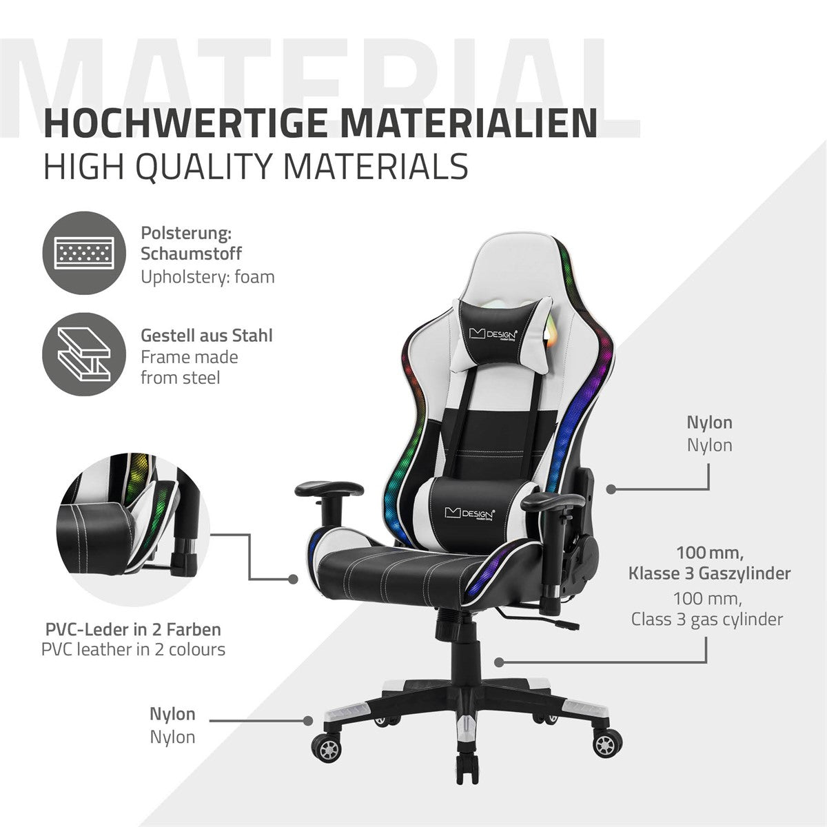 Fauteuil gaming blanc avec revêtement noir et haut-parleurs Bluetooth.
