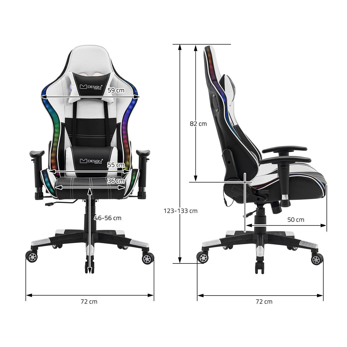 Dessin technique d’une chaise gaming avec ses dimensions.