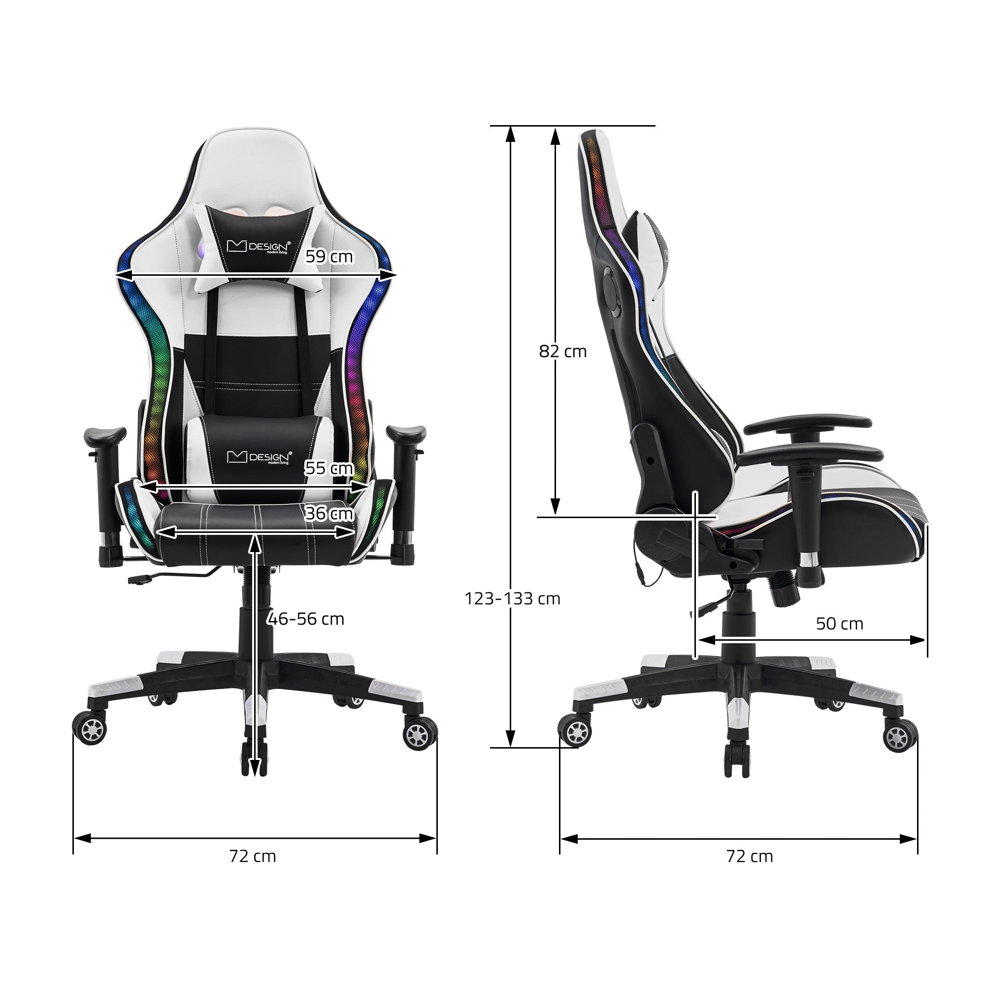 Technische tekening van een gamingstoel met maatgegevens.