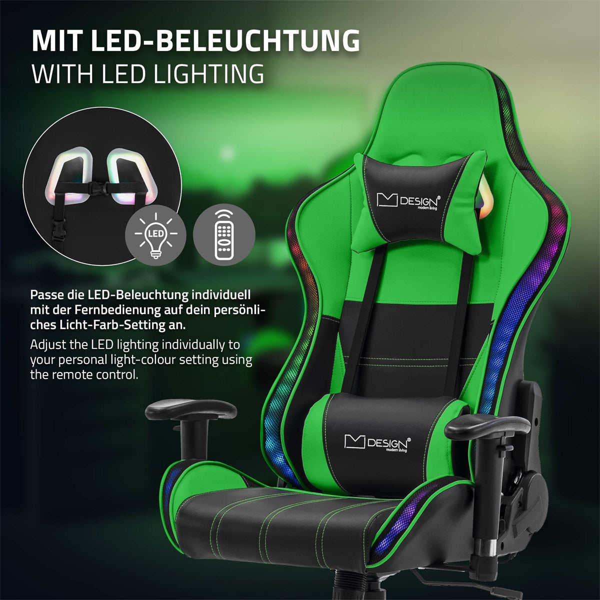 Grøn gamingstol med LED-belysning og fjernbetjening.